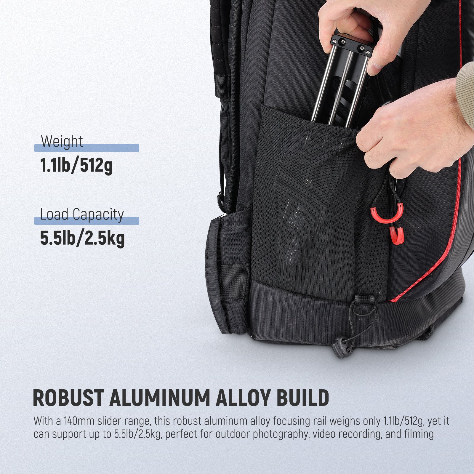 This robust aluminum alloy focusing rail weighs only 1.1lb/512g