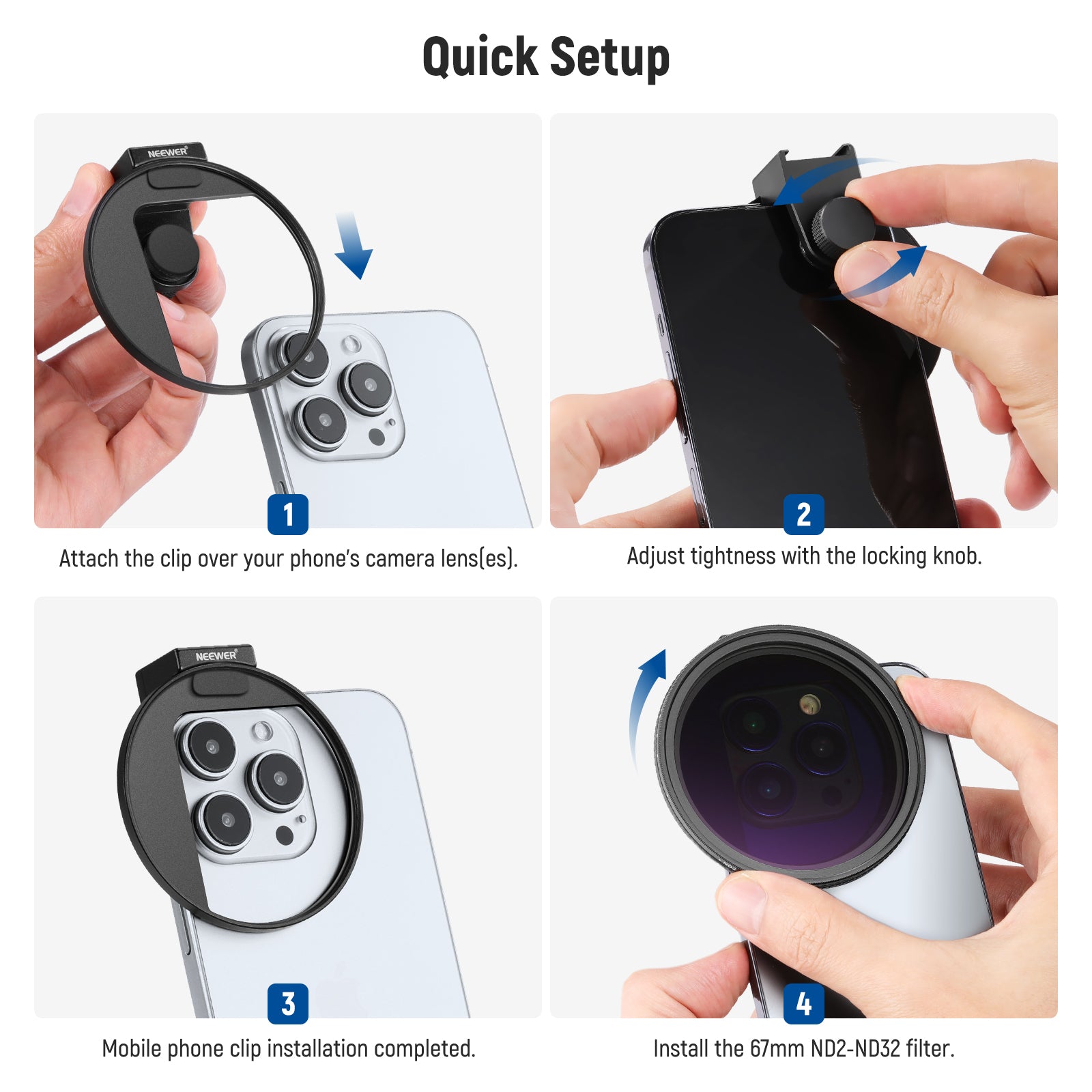 NEEWER 67mm Clip On Variable Filter Kit for Phone Lens can be set up quickly.