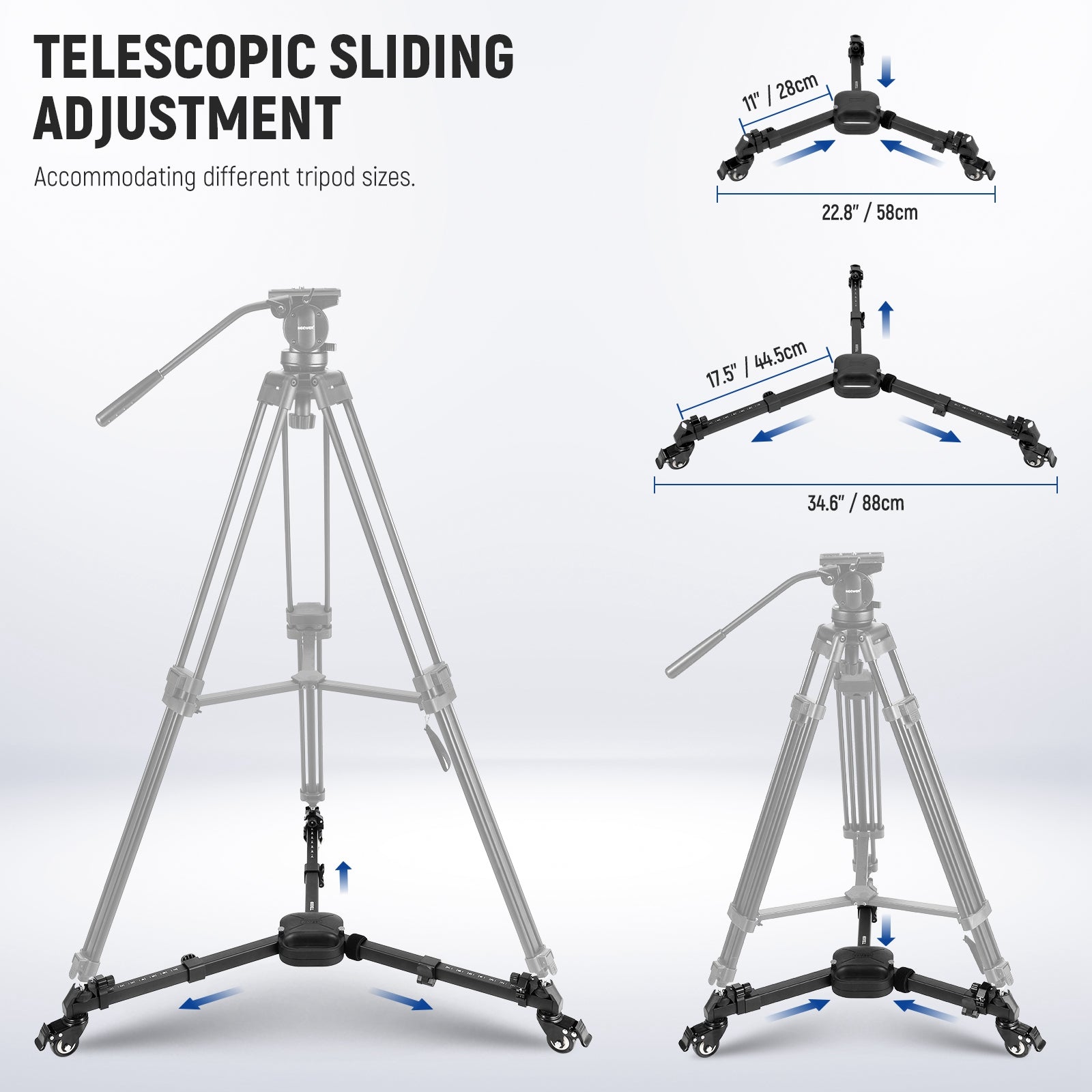 NEEWER TS009 Photography Tripod Dolly can accommodate different tripod sizes.