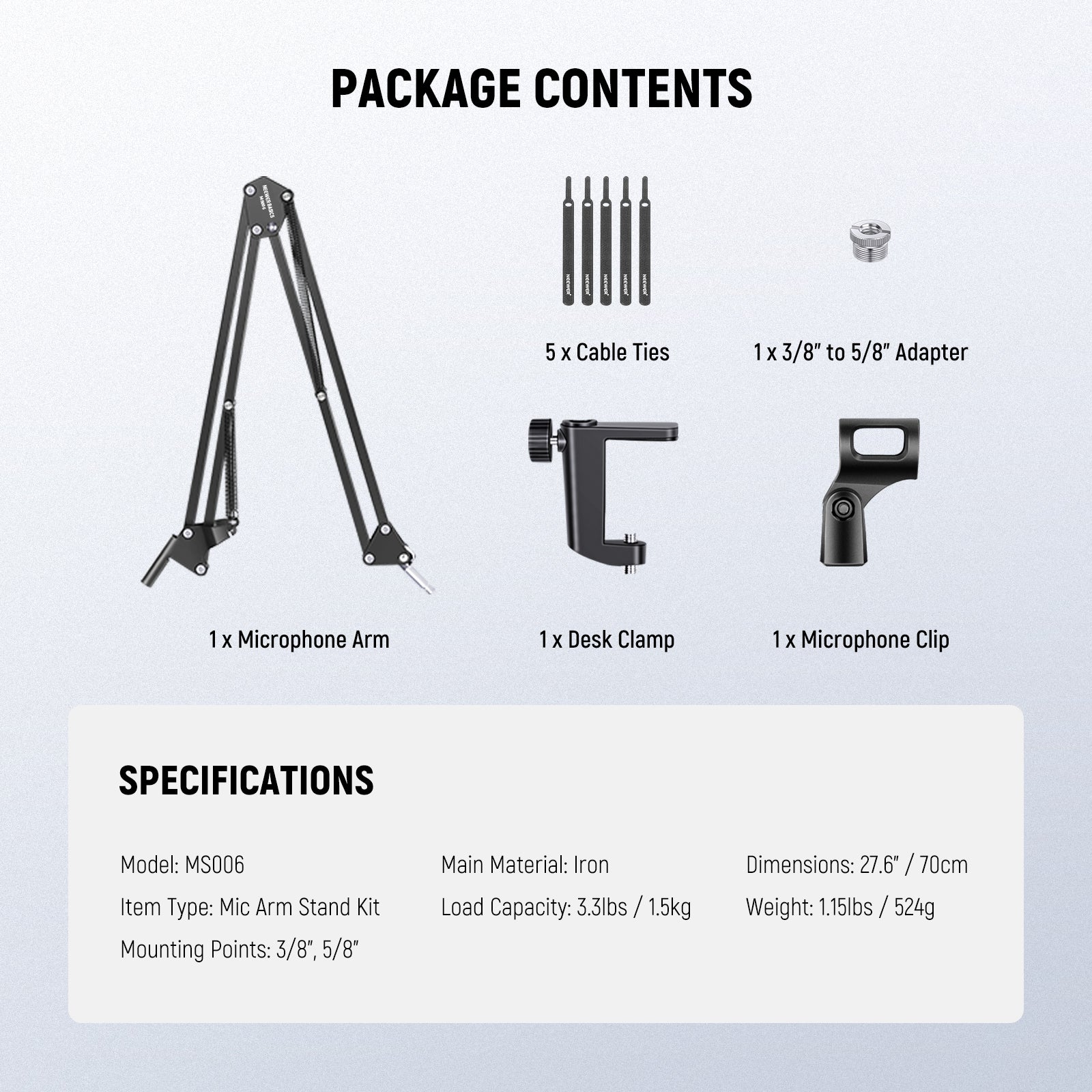 Package Contents of the NEEWER MS006 Desktop Microphone Boom Arm Stand Kit
