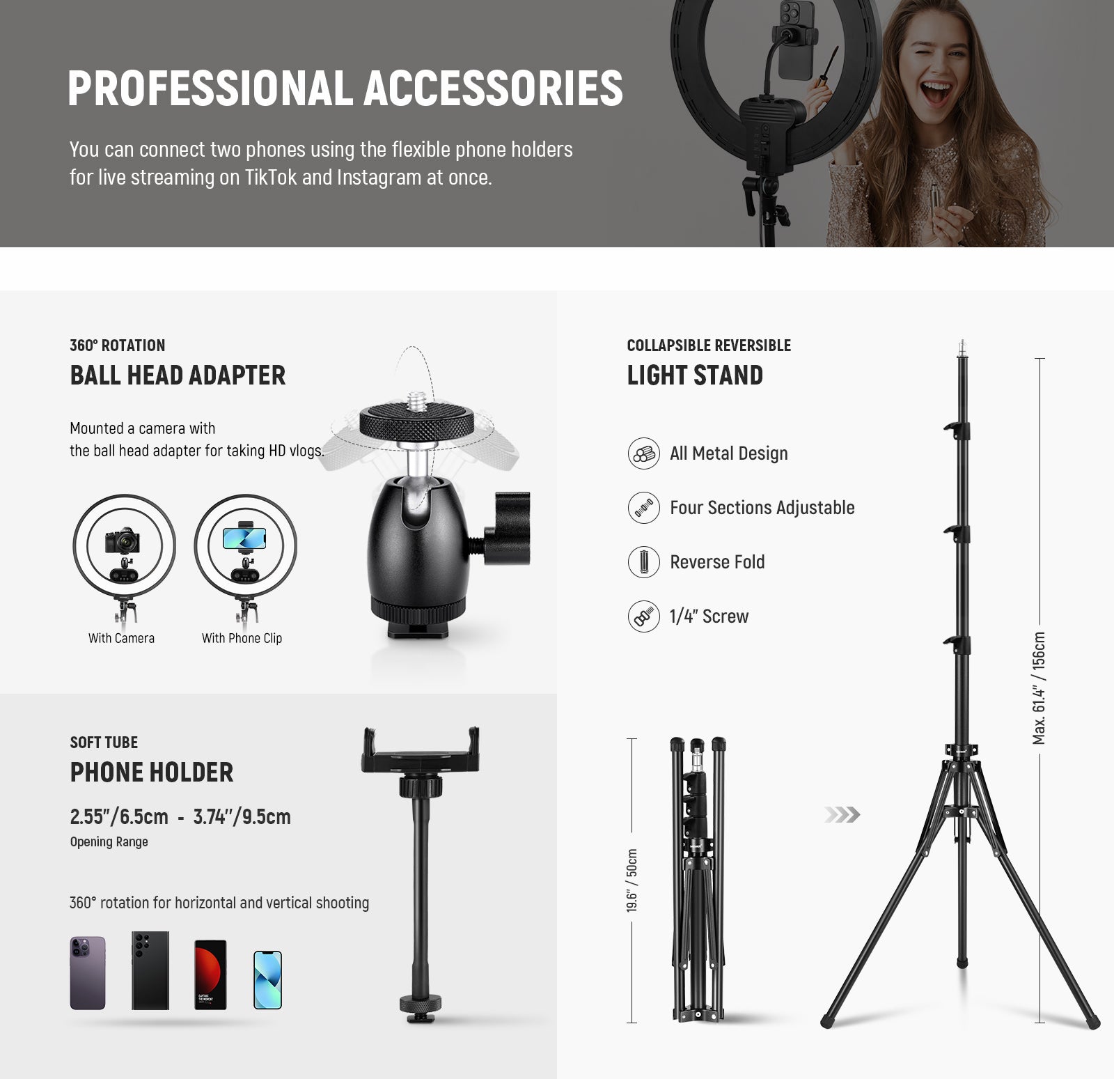 Accessories of the NEEWER RL45B 45W 18" Slim Edge Lit Ring Light Kit