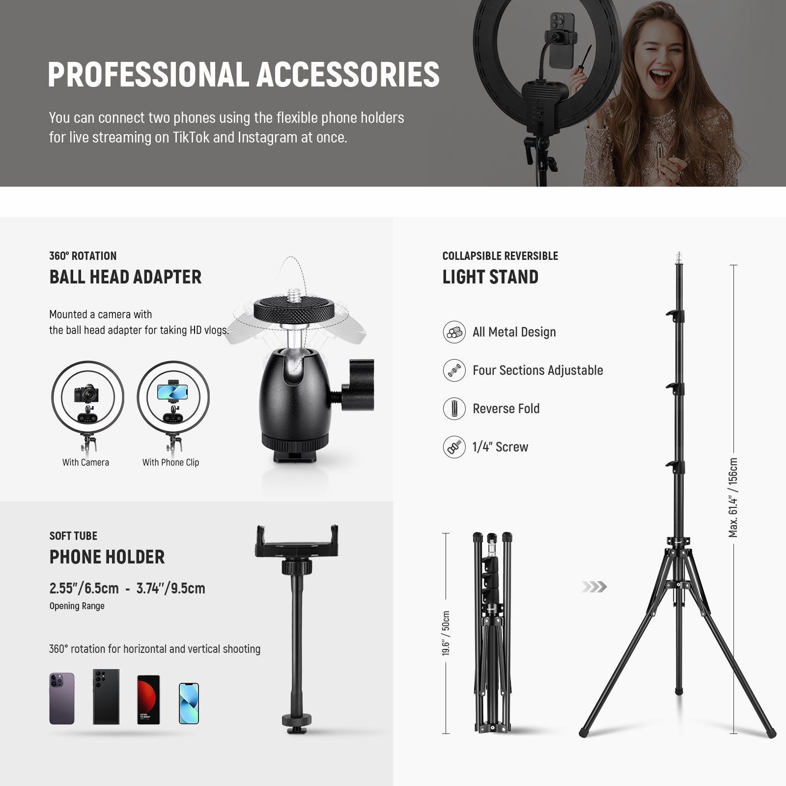 Accessories of the NEEWER RL45B 45W 18" Slim Edge Lit Ring Light Kit