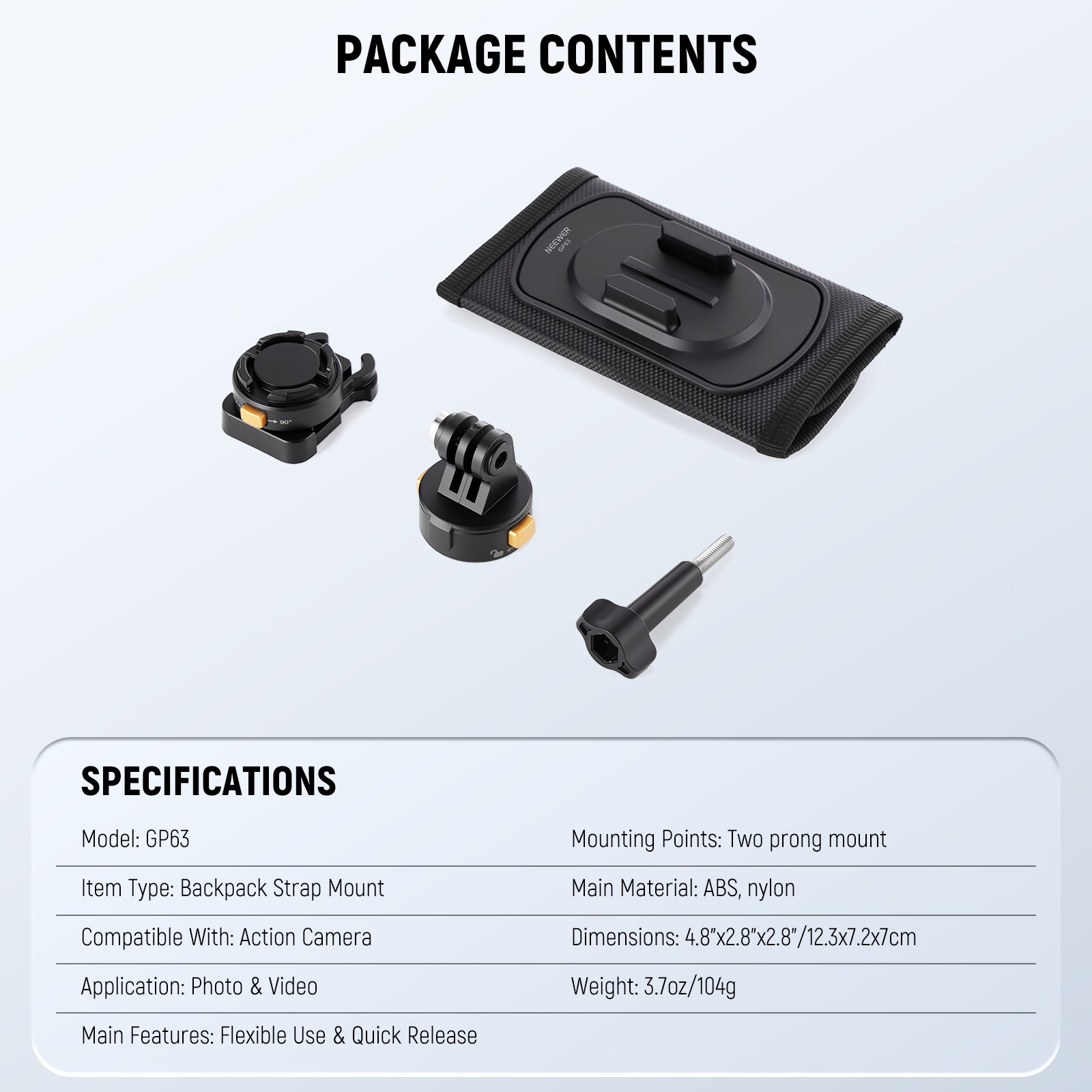 Package Contents of the NEEWER GP63 Backpack Shoulder Chest Strap Mount Kit