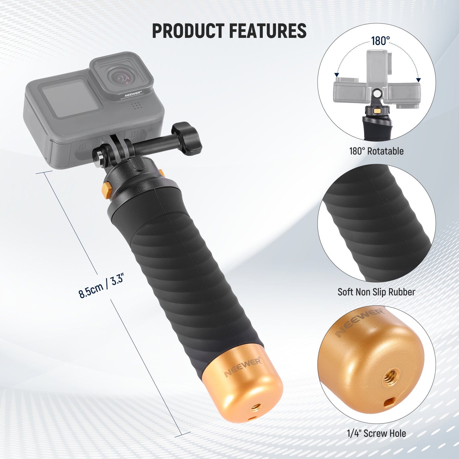 Product features of the NEEWER GP23 Action Camera Floating Hand Grip
