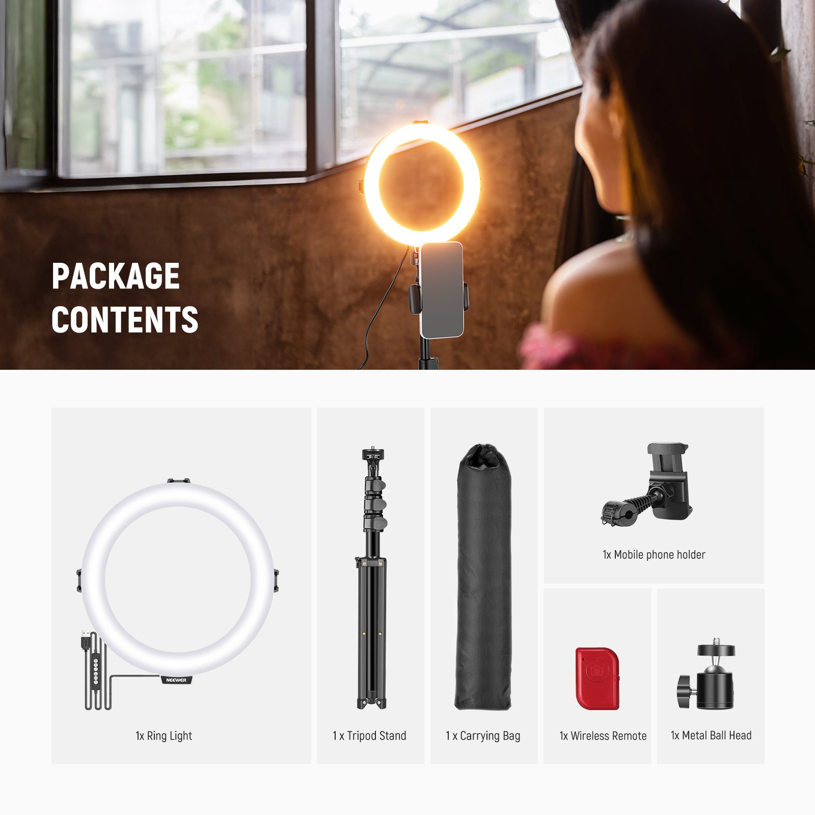 Package Contents of the NEEWER R08 RGB LED ring light Kit