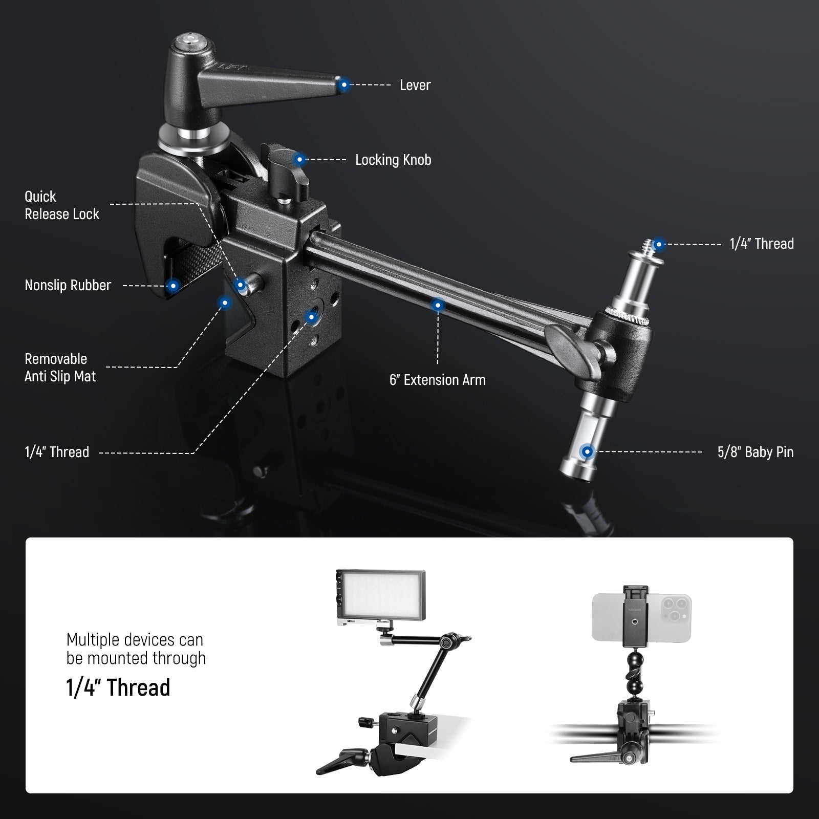 Product details of the NEEWER UA048 Super Clamp with Extension Arm