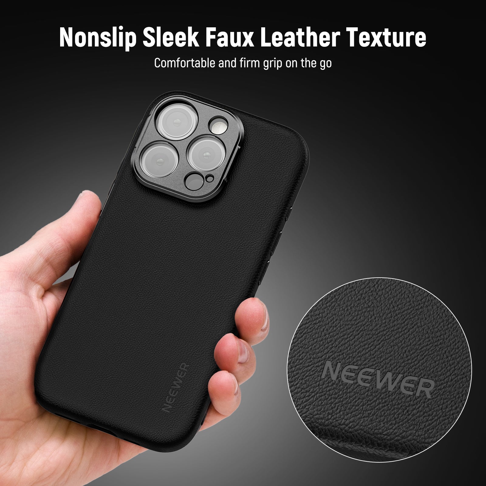 NEEWER PA083 Black Case For iPhone 16 Pro Max ensures comfortable and firm grip on the go.