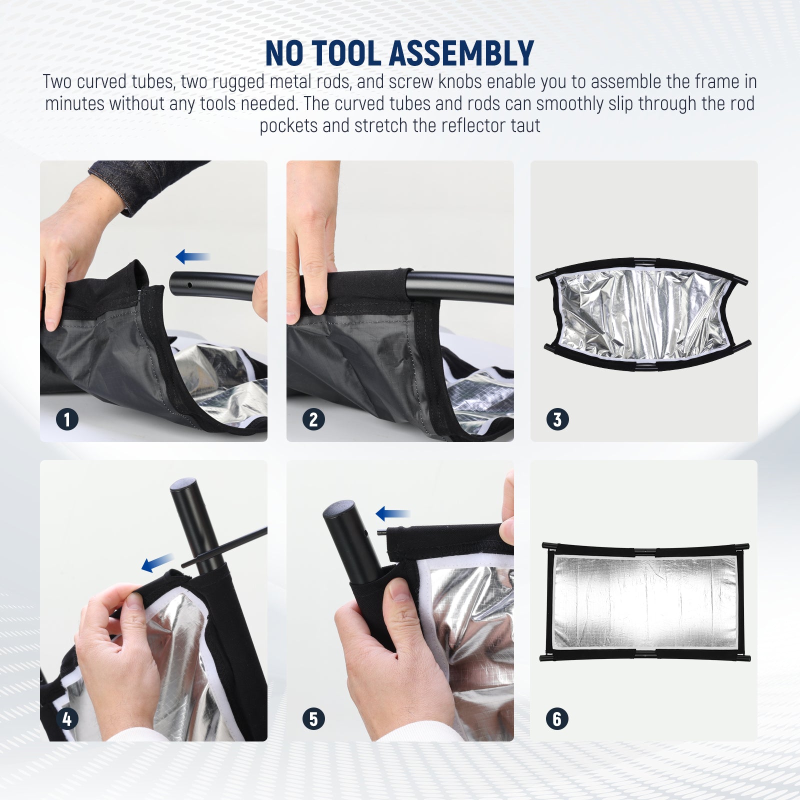Two curved tubes, two rugged metal rods, and screw knobs enable you to assemble the frame in minutes without any tools needed.