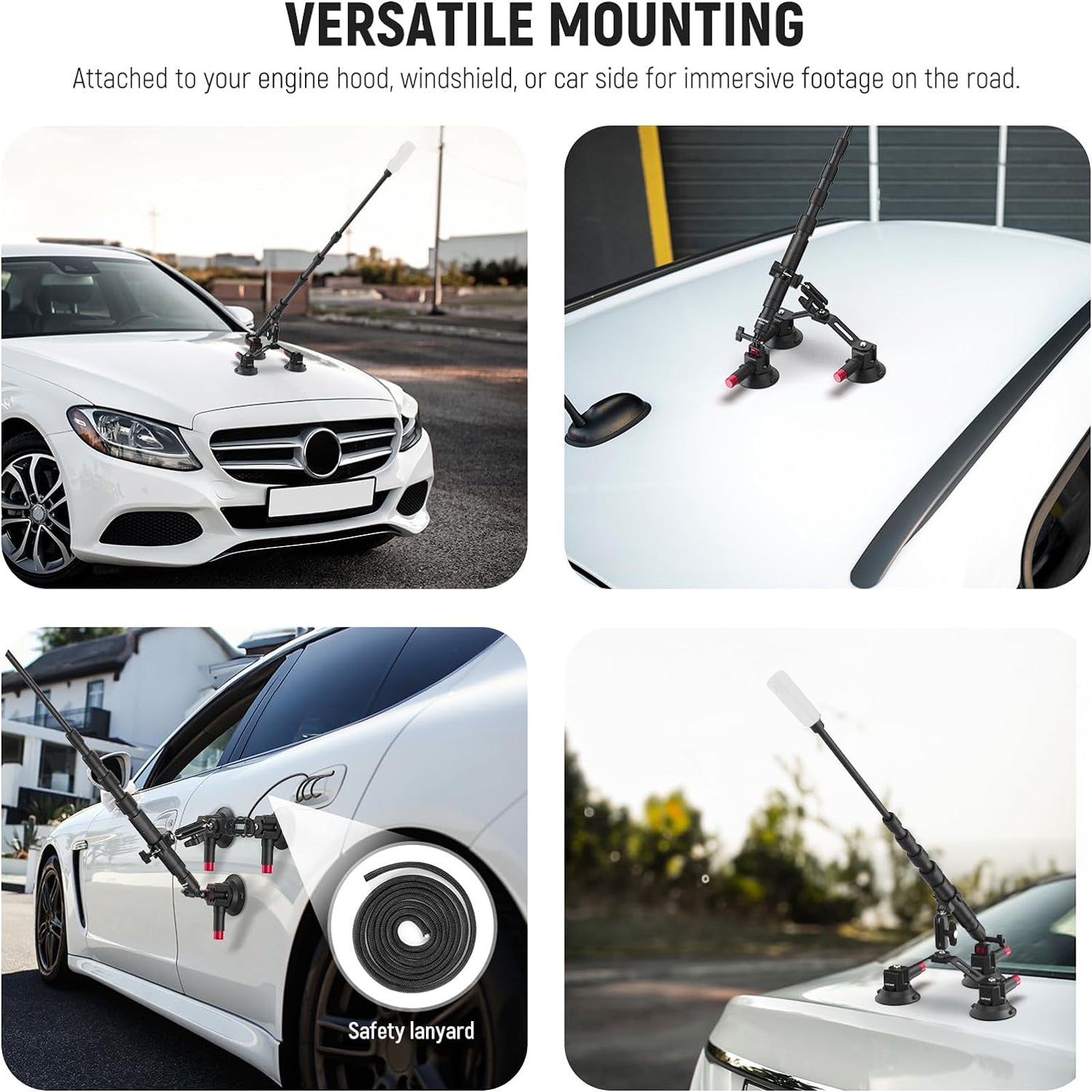 Attached to your engine hood, windshied, or car side for immersive footage on the road.