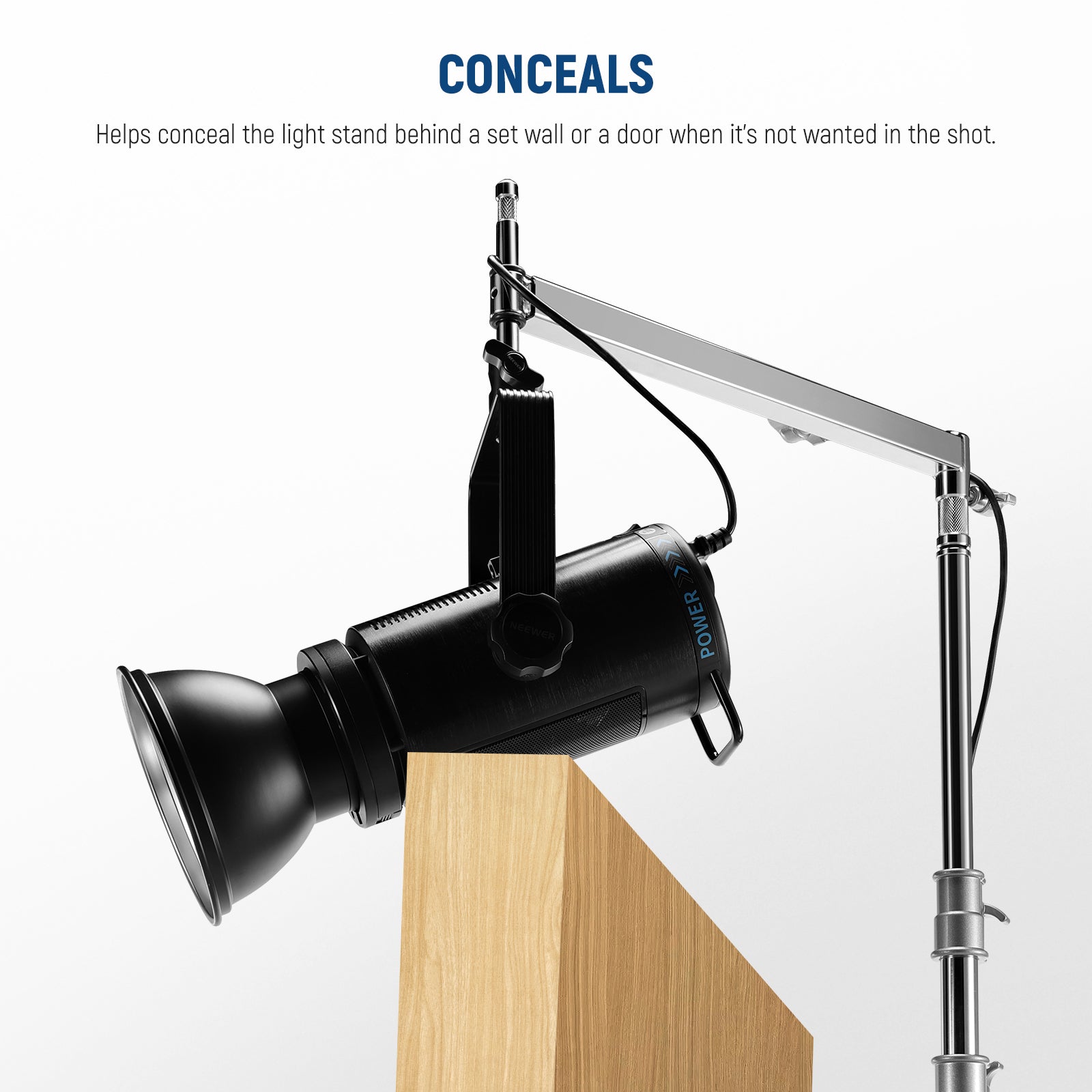 NEEWER UA016 Offset Arm helps conceal the light stand behind a set wall or a door.
