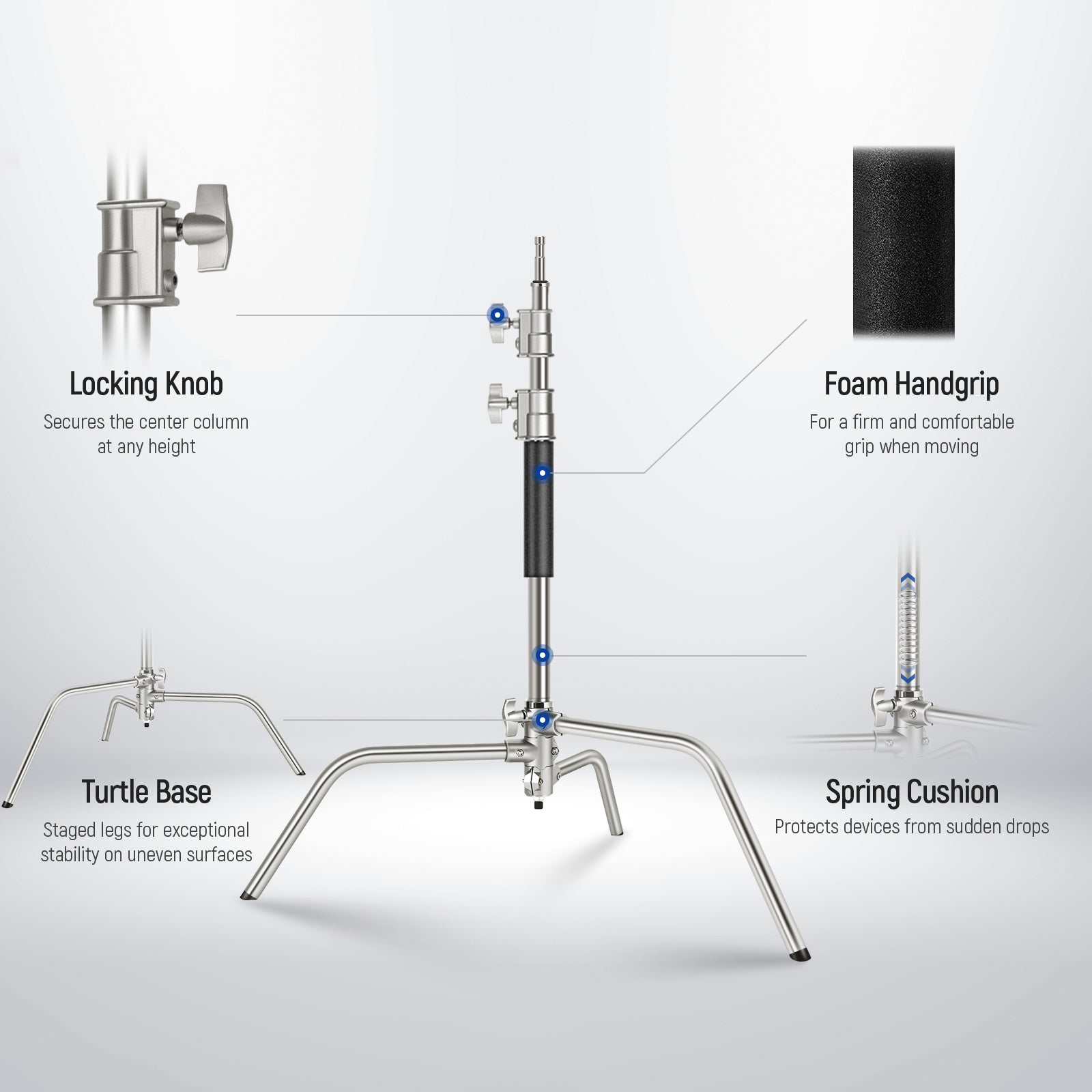 Spring cushions inside the center column can protect the mounted device from shocks