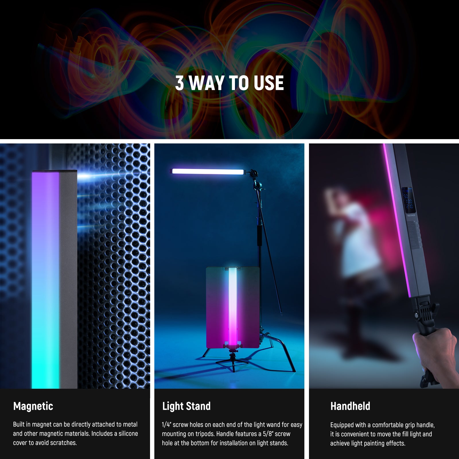 NEEWER RGB2 LED Tube Light Stick with Metal Barndoor features 3 ways to use.