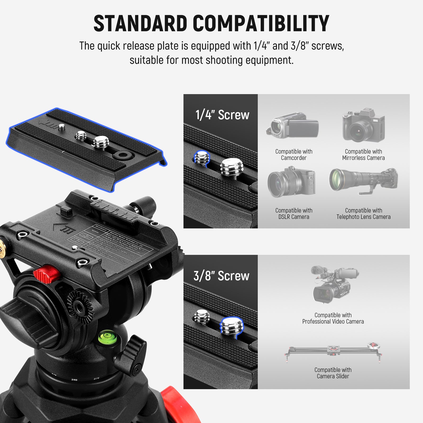 NEEWER TP73 Lightweight Video Tripod features a quick release plate which is equipped with 1/4" & 3/8" screws
