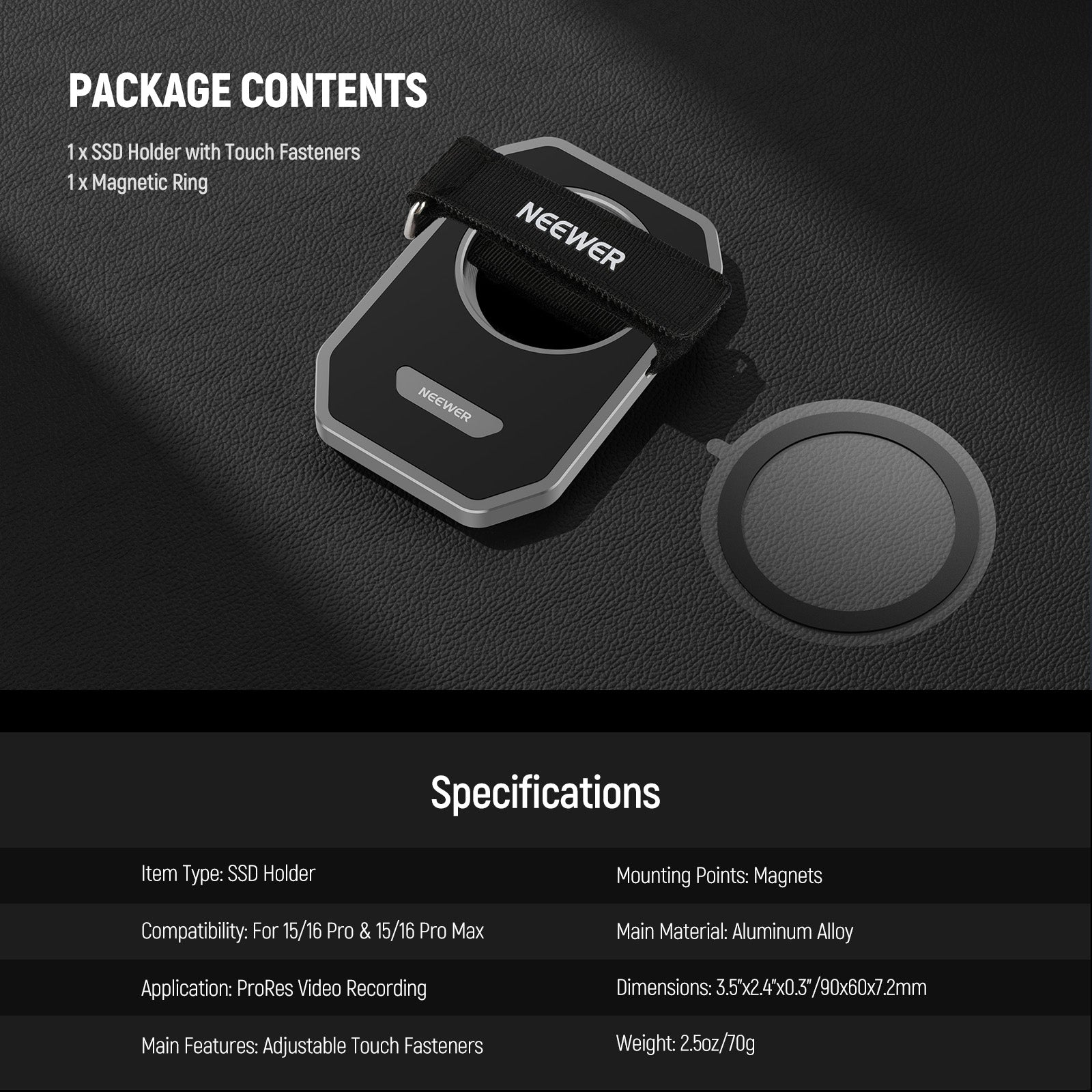 Specifications of the NEEWER PA040 Magnetic SSD Holder with Touch Fastener