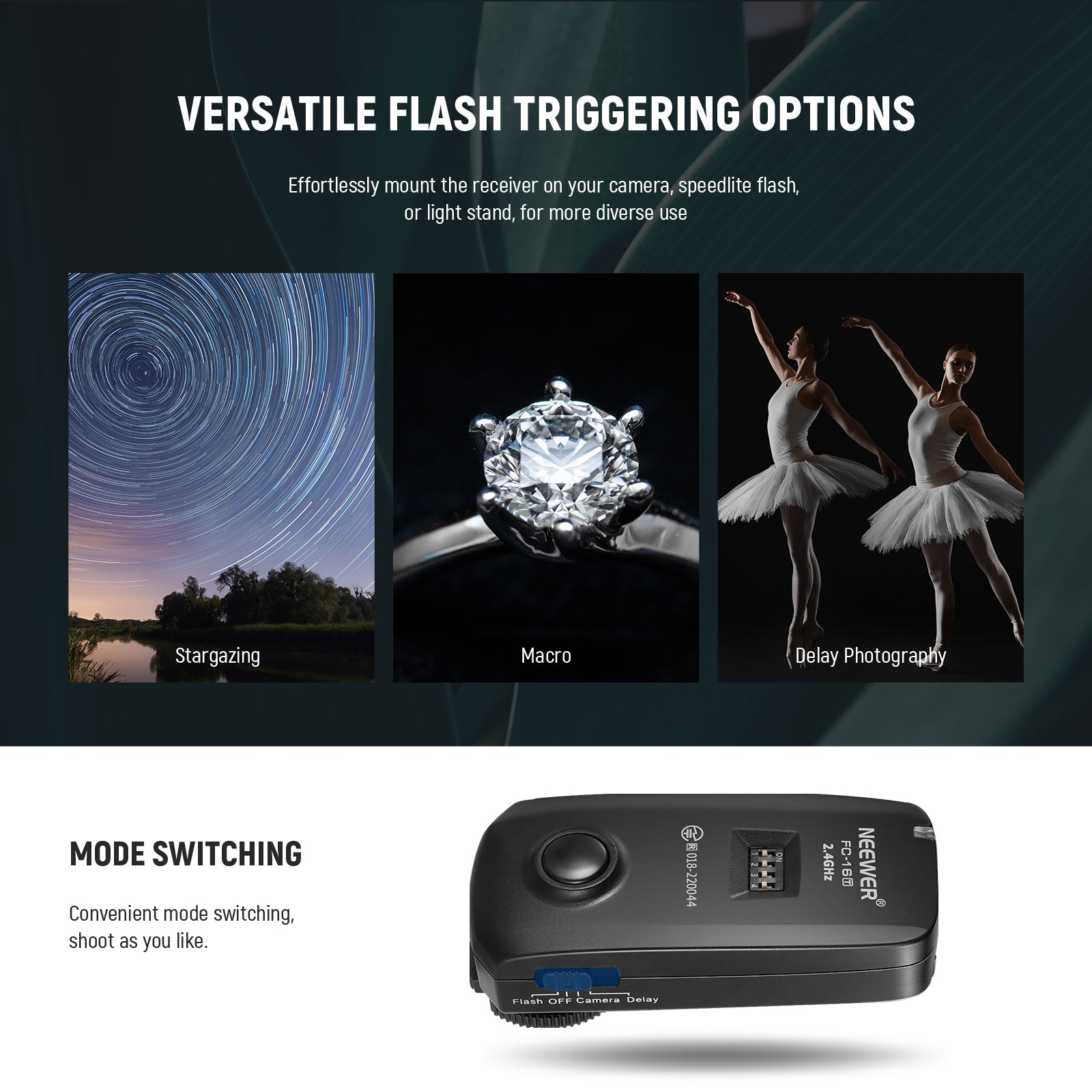 NEEWER FC-16 2.4G Wireless Flash Trigger for Sony Cameras offers versatile flash triggering options.