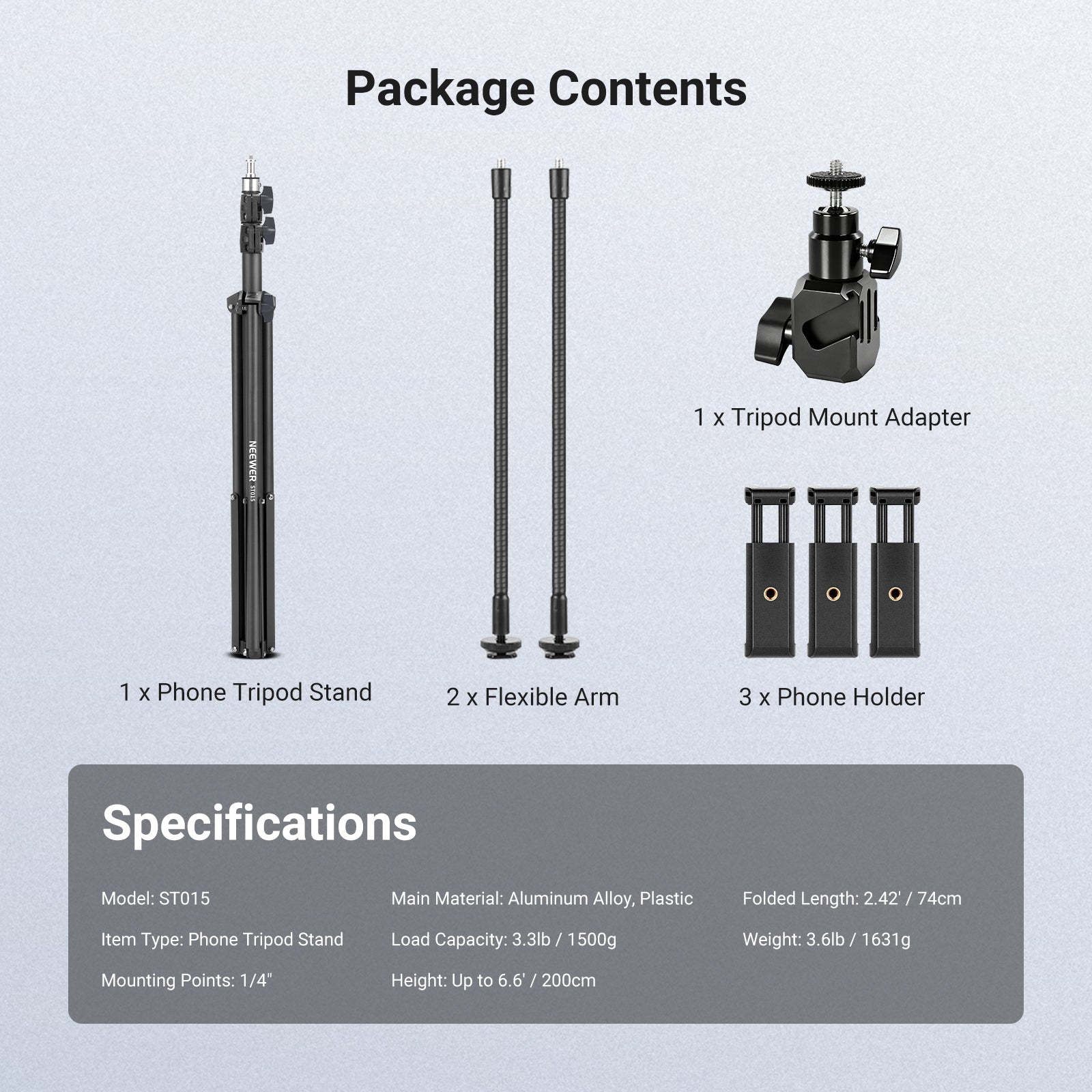 This package includes a phone tripod stand, two flexible arms, a tripod mount adapter, and three phone holders.