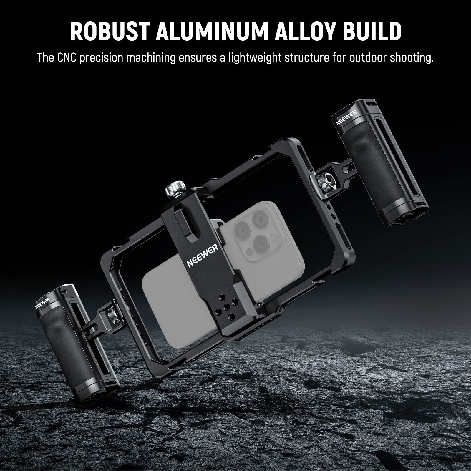 The phone cage is made of black anodized aluminum alloy.