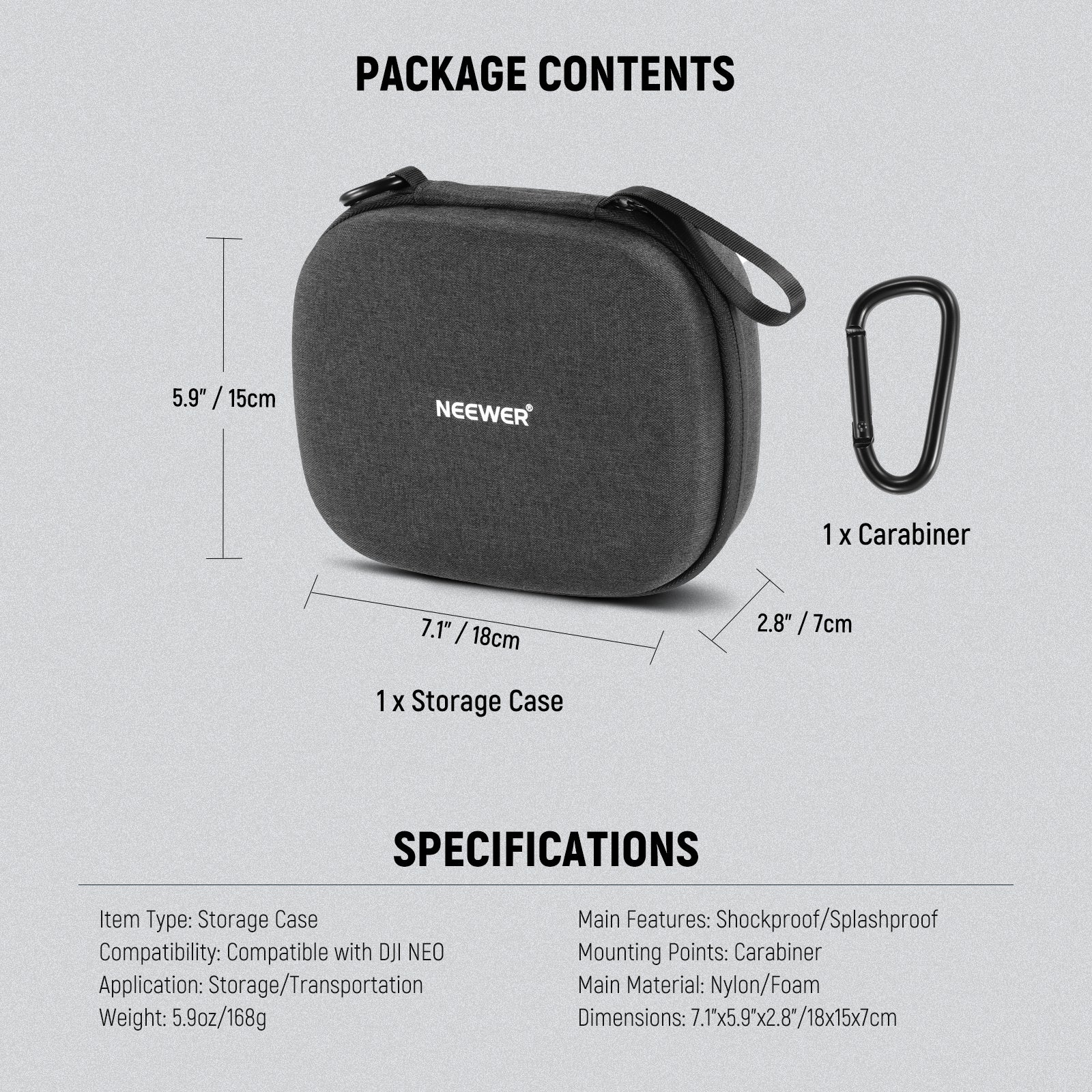 Specifications of the NEEWER PB9 Splashproof Shockproof Storage Hard Case For DJI NEO