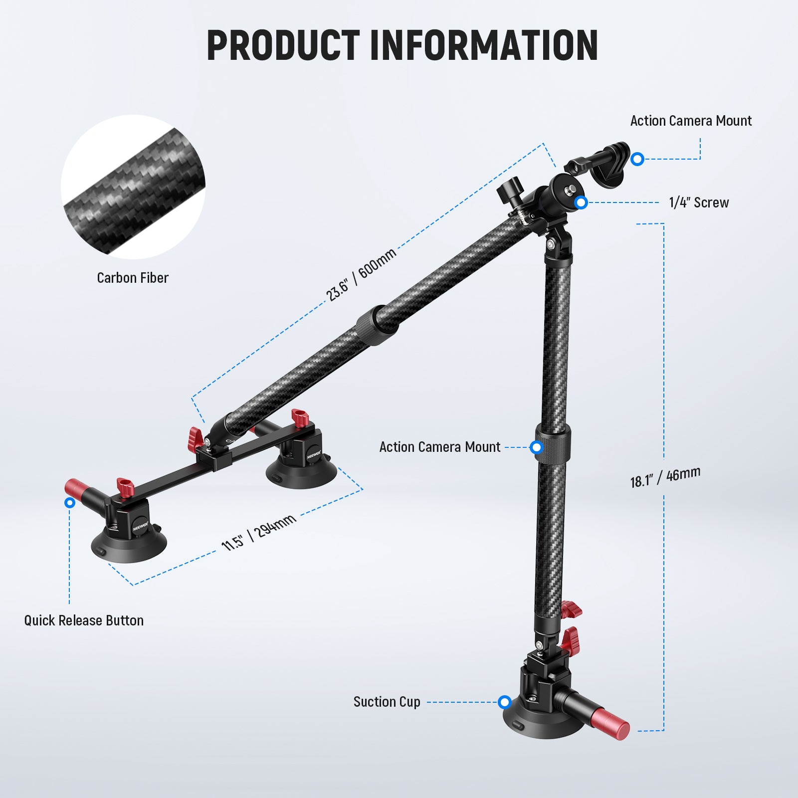 Package Information of the NEEWER CA136 Triple Suction Cup Extension Pole Car Mount Kit