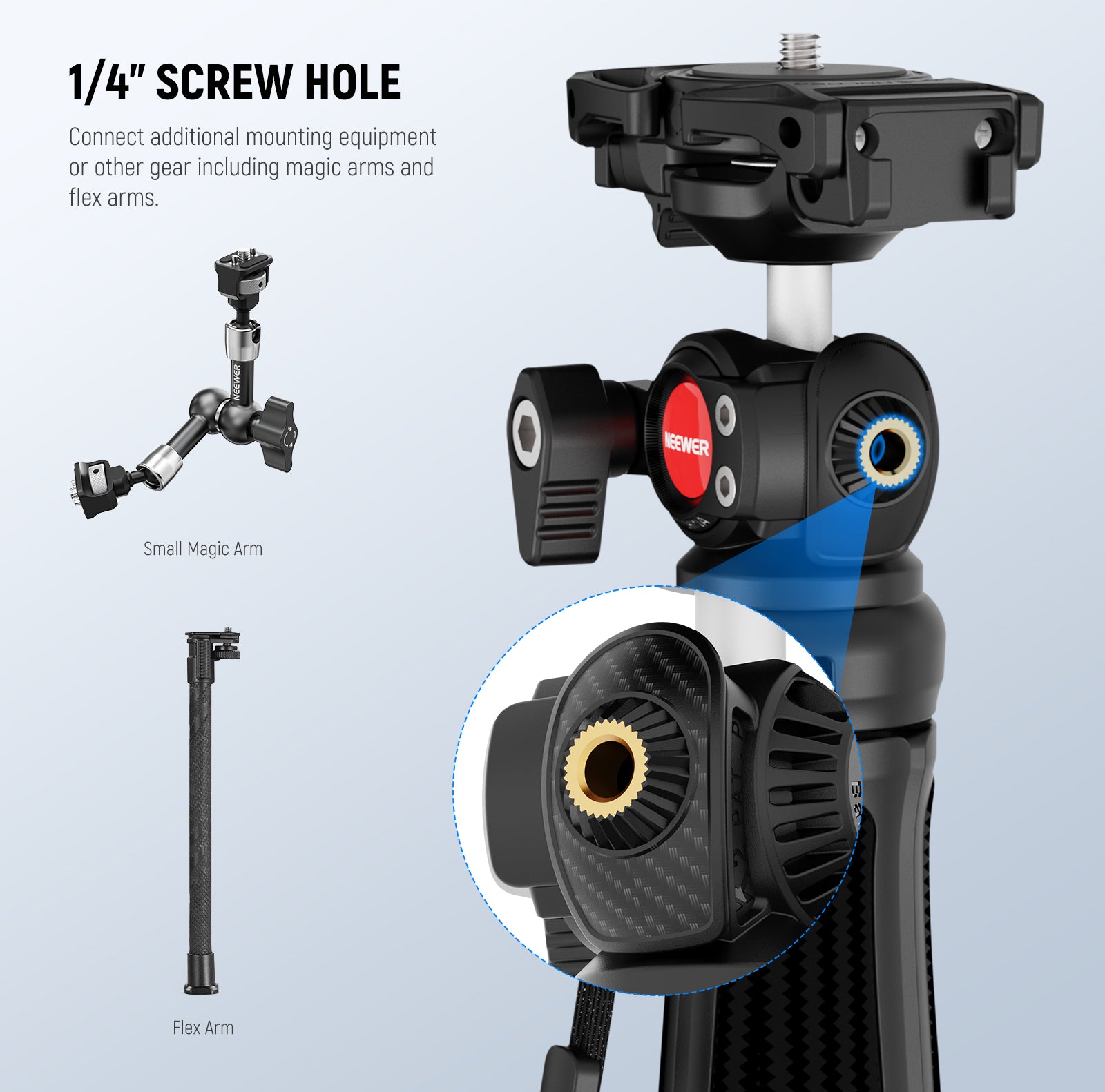 NEEWER TP38 Phone Camera Tripod features a 1/4" screw hole.
