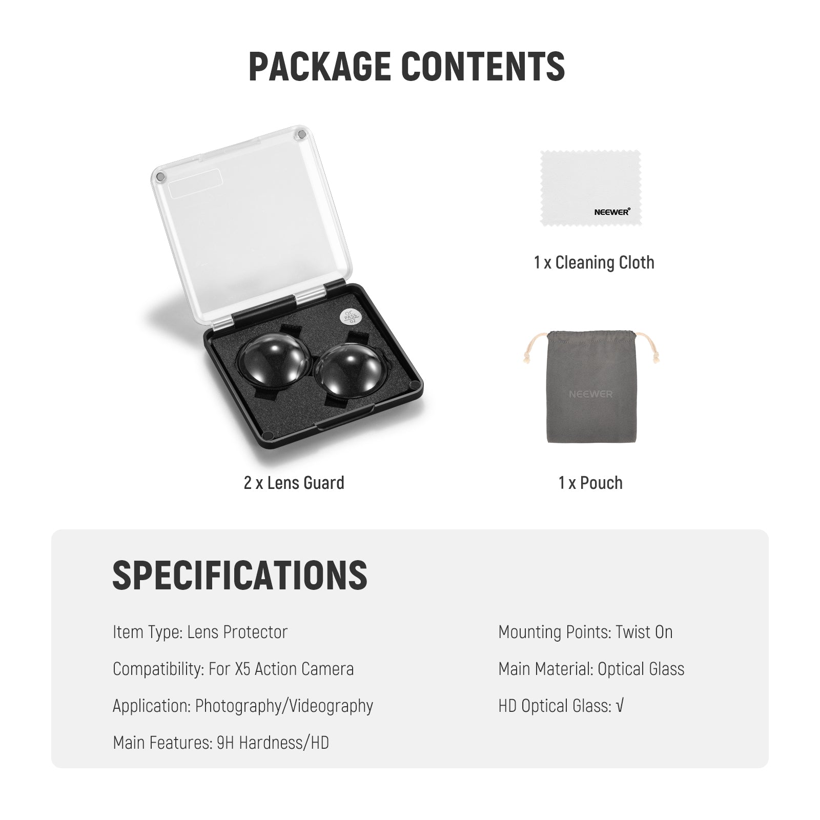 Package Contents of the NEEWER LPC02 Lens Guard For Insta360 X5 Kit
