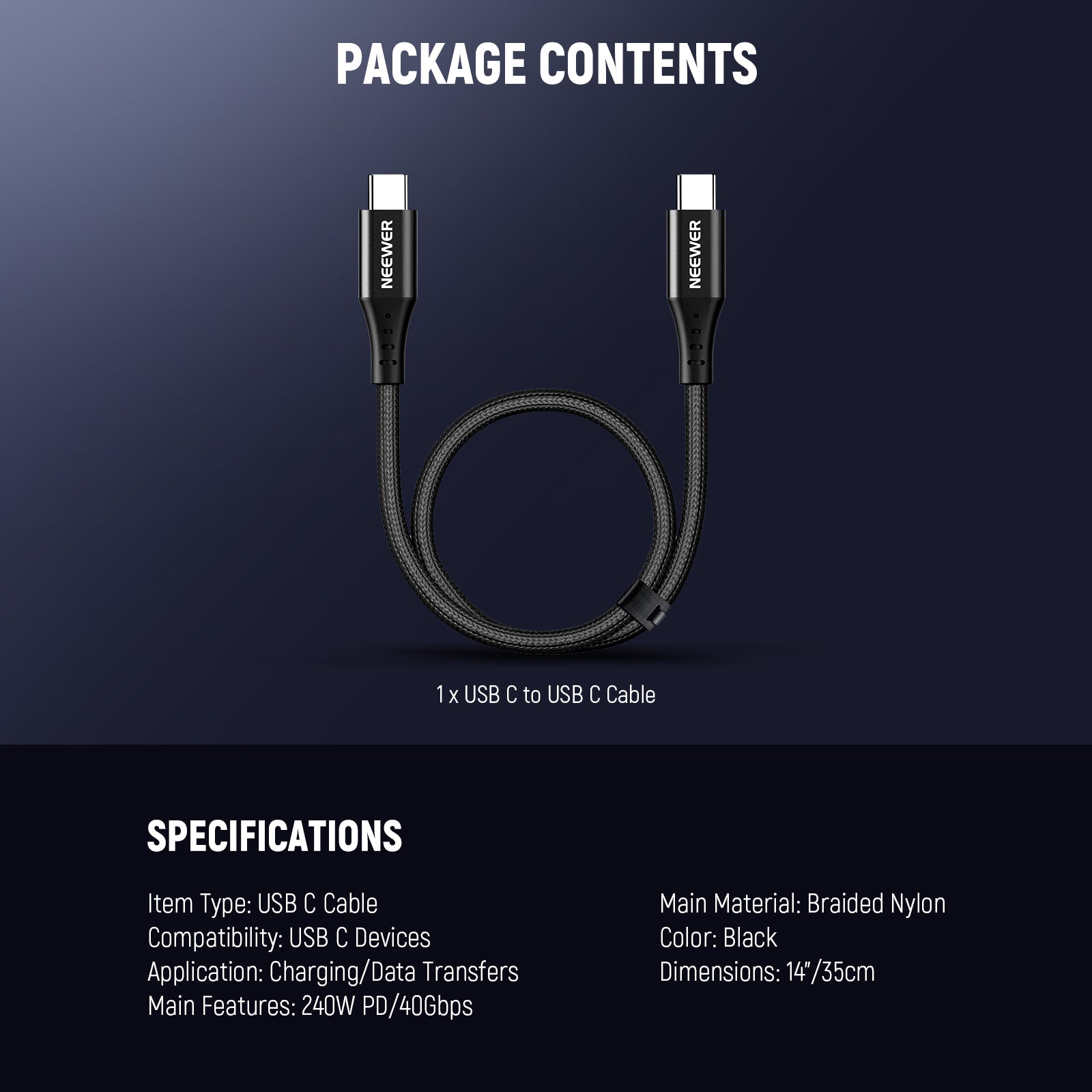 Package Contents of the NEEWER PS010 14" USB C to USB C Cable