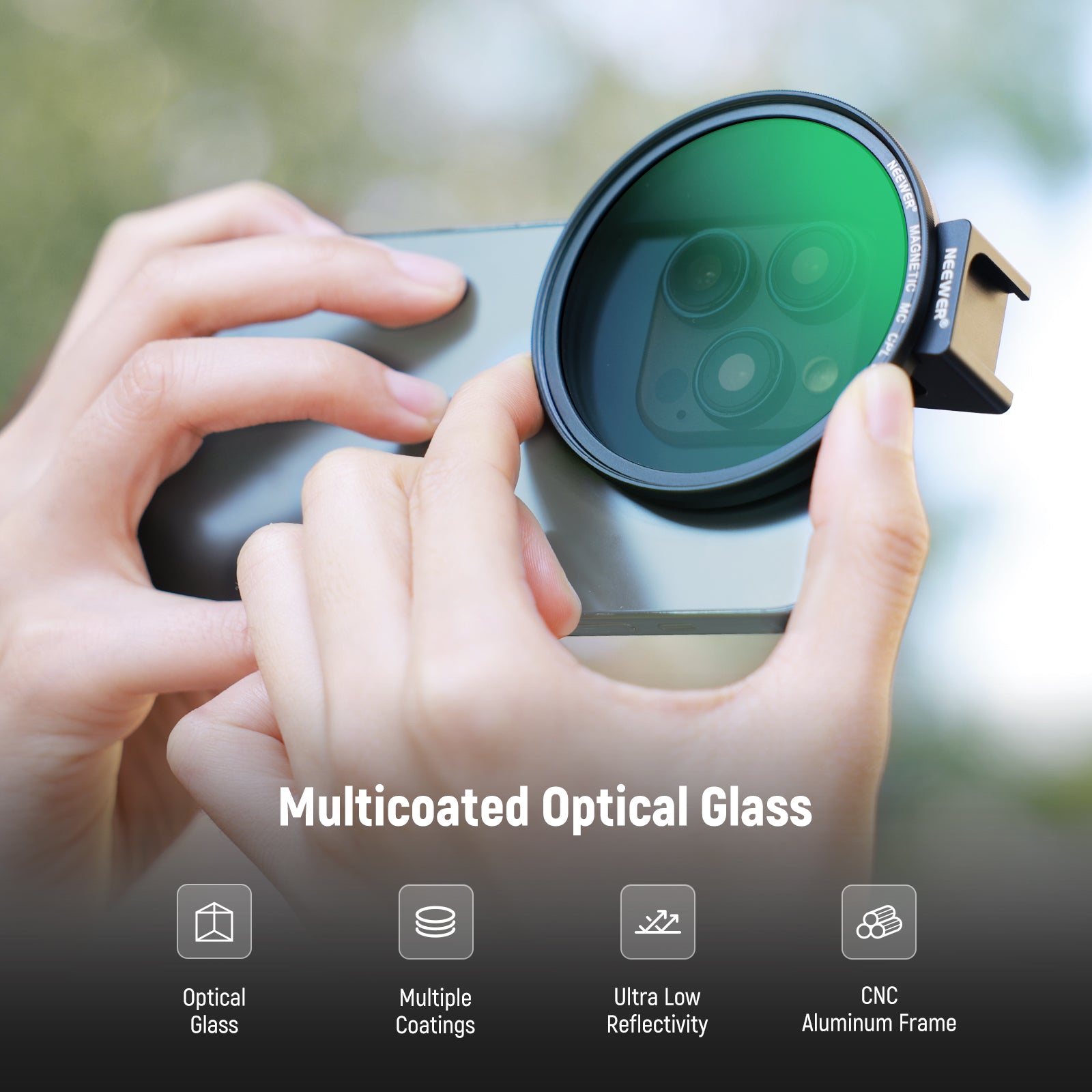 NEEWER 67mm Magnetic CPL Filter for Phone features multicoated optical glass.