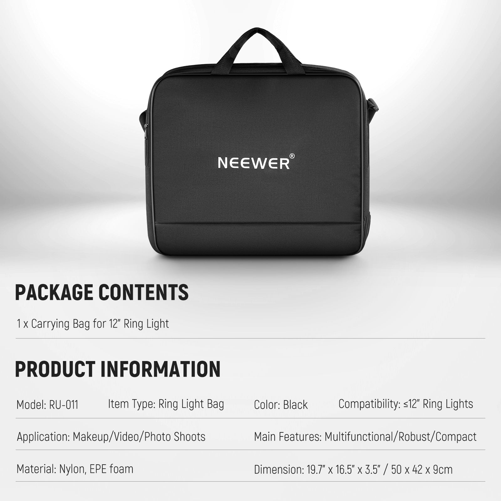 Specifications of the NEEWER RU-011 12" Comprehensive Ring Light Bag