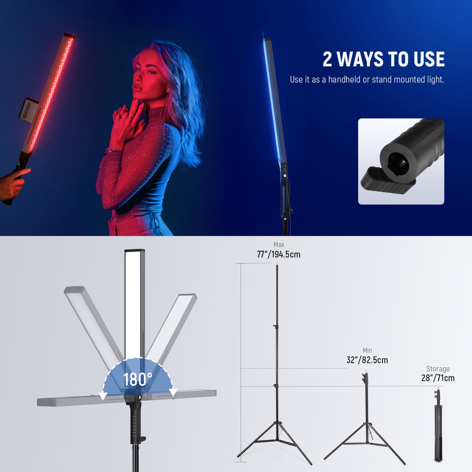 NEEWER BH20B Handheld LED Video Light Stick Kit supports 2 ways to use.