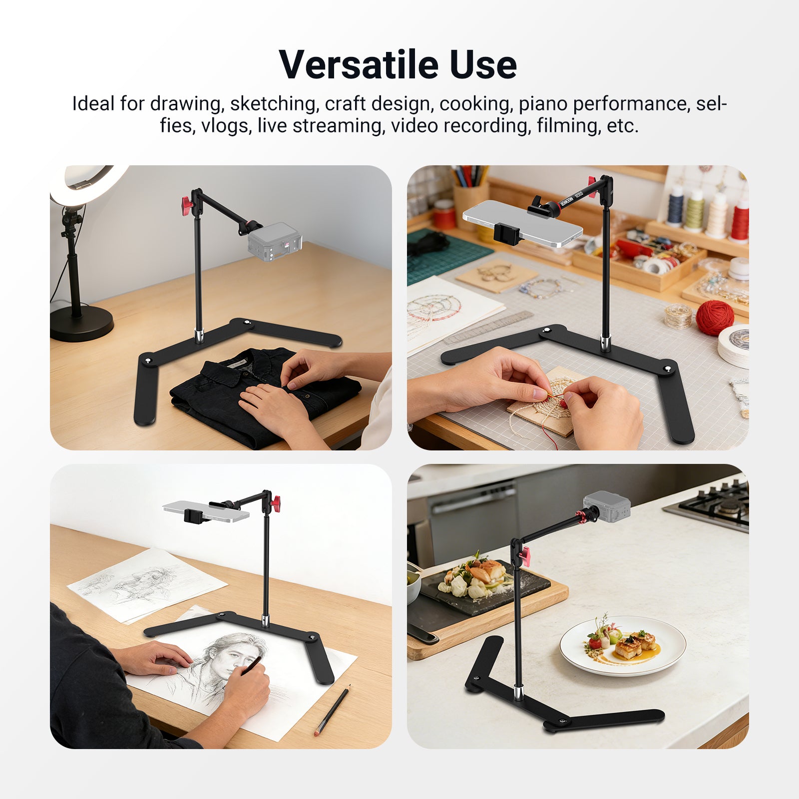 Overhead phone mount in use for different tasks: sewing, embroidery, drawing, and food photography