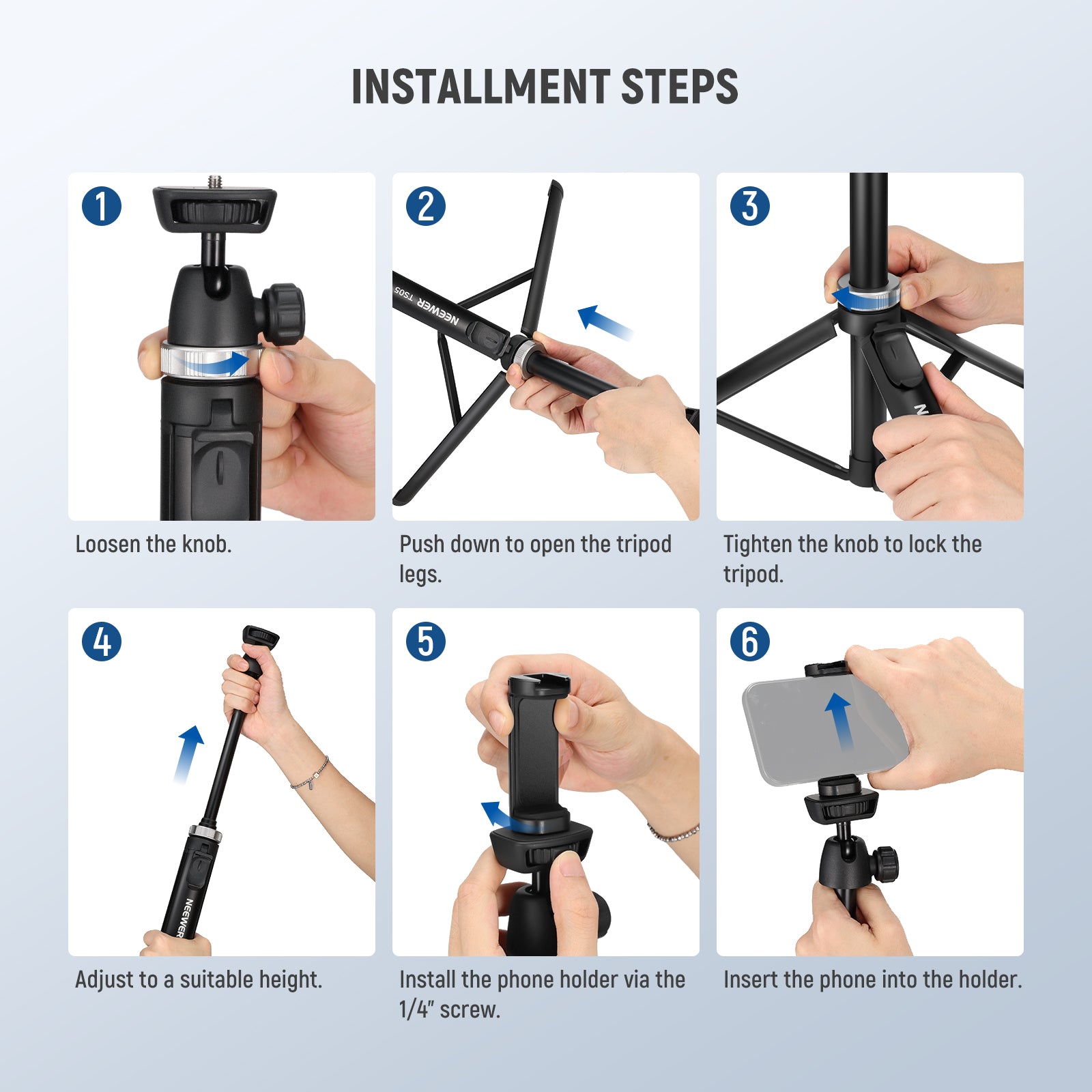 Installment steps of the NEEWER TS05 All Metal Phone Tripod