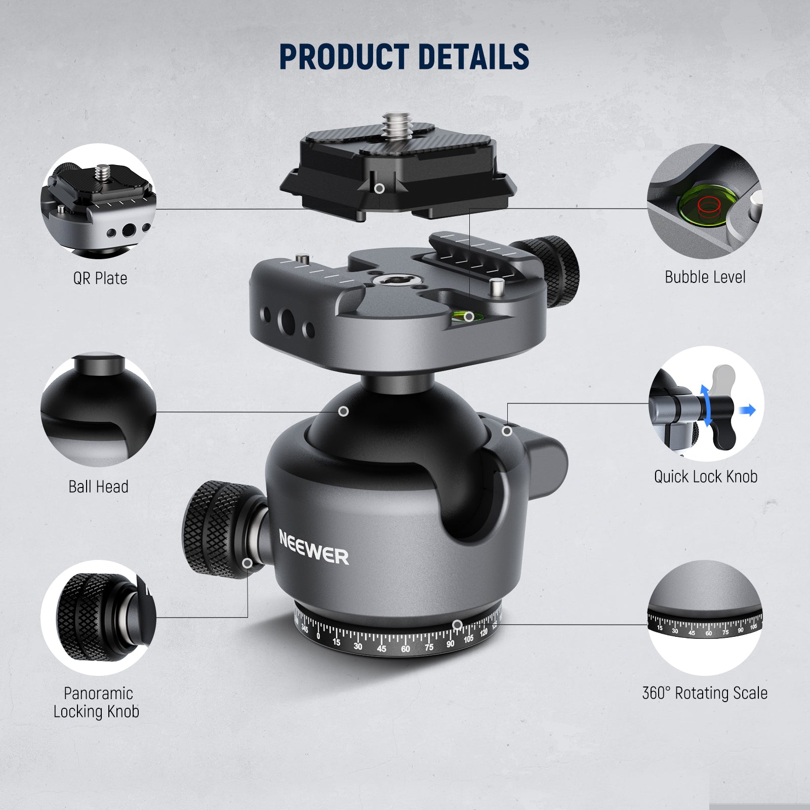 Product detail of the NEEWER GM41 Low Profile Tripod Ball Head