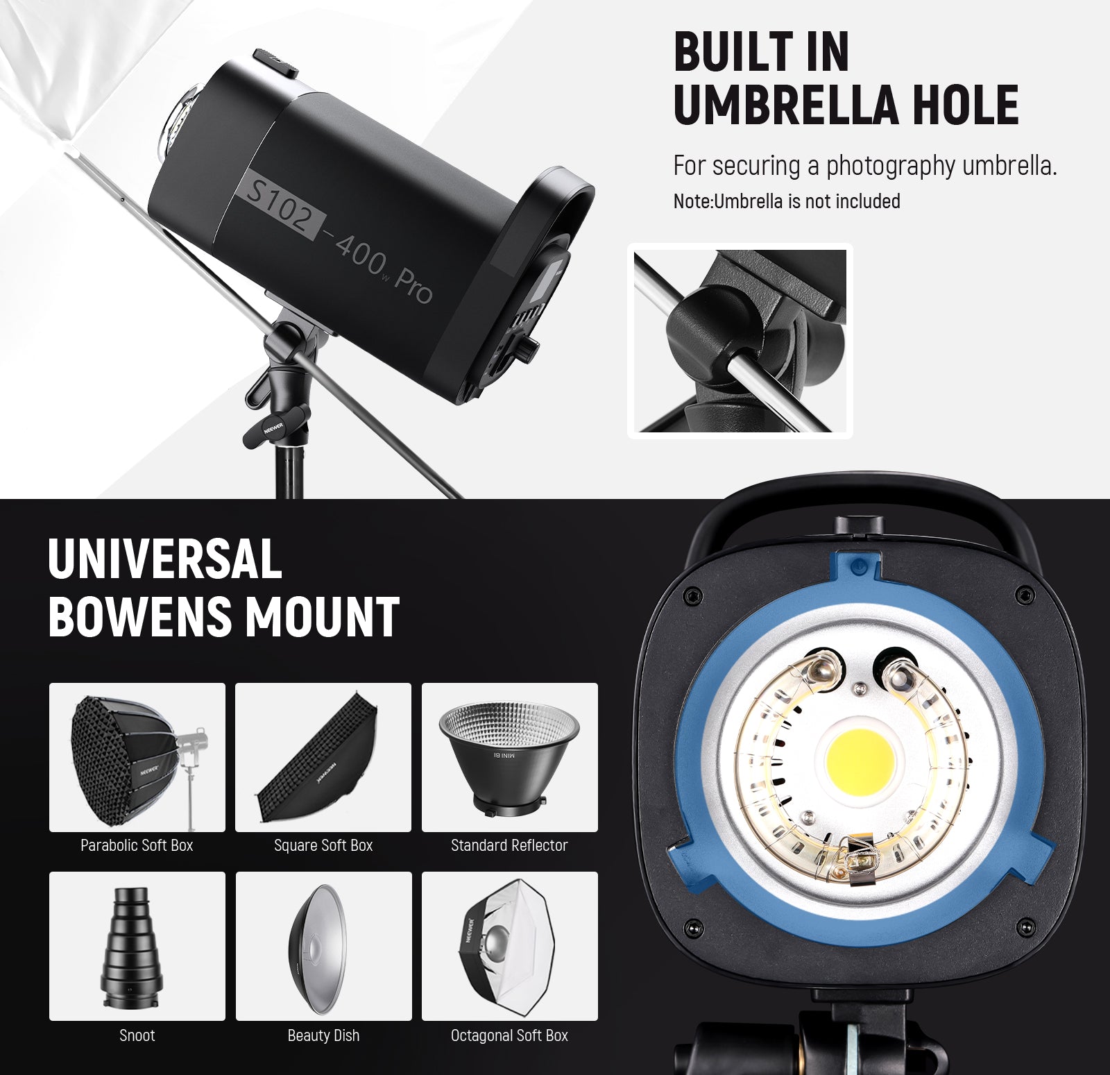 The tripod light stand stably supports the flash through the 180° tilt mount adapter