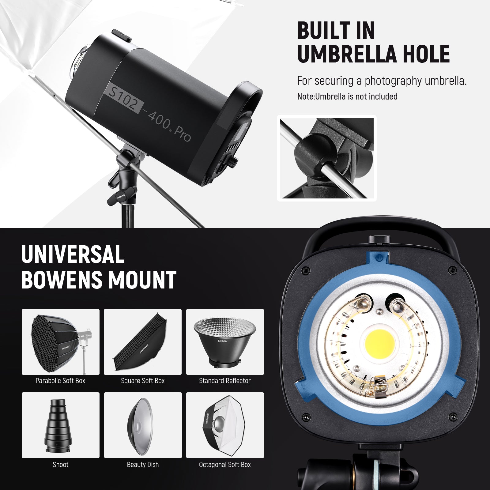 The tripod light stand stably supports the flash through the 180° tilt mount adapter