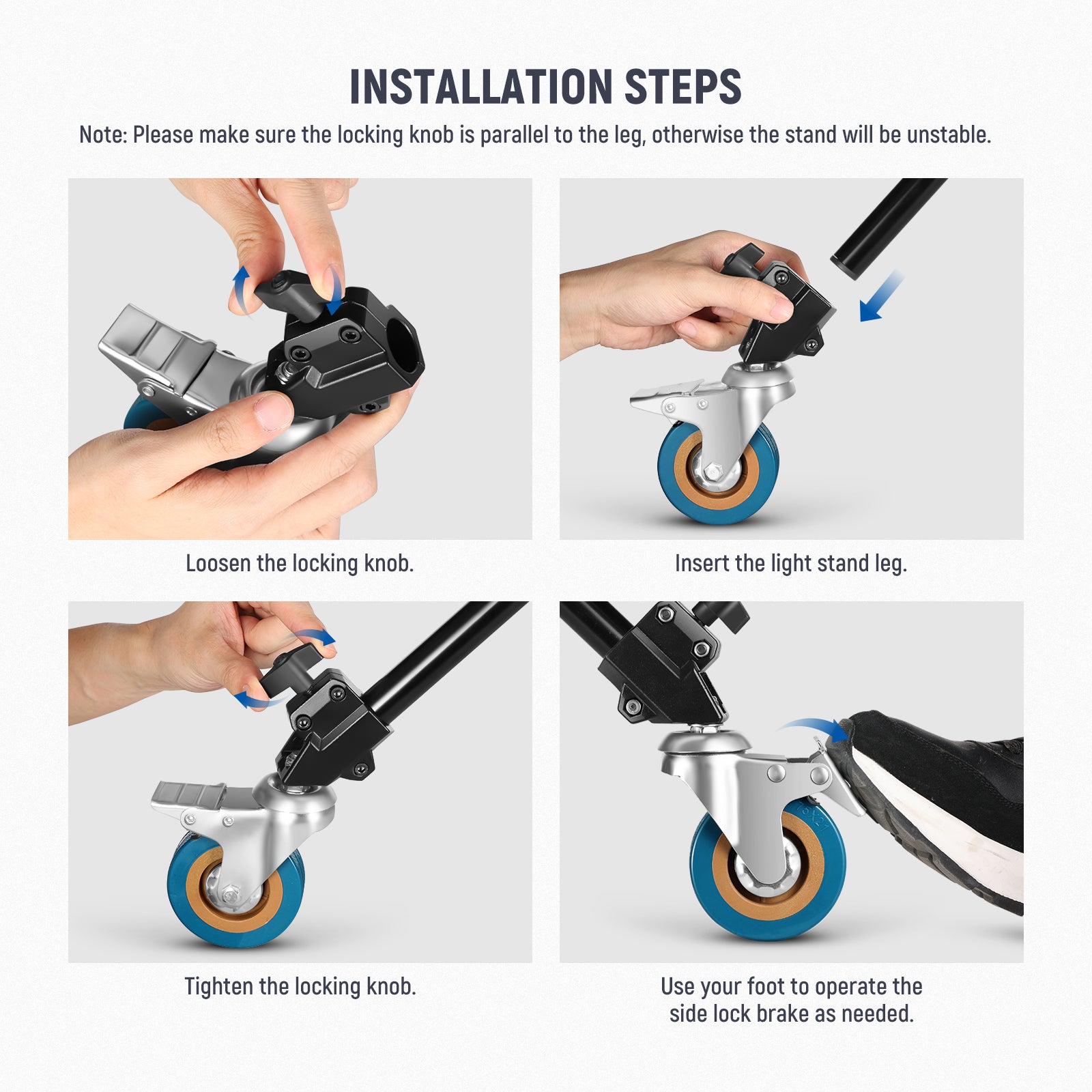 Installation steps of the NEEWER ST001 Professional Swivel Caster Wheel