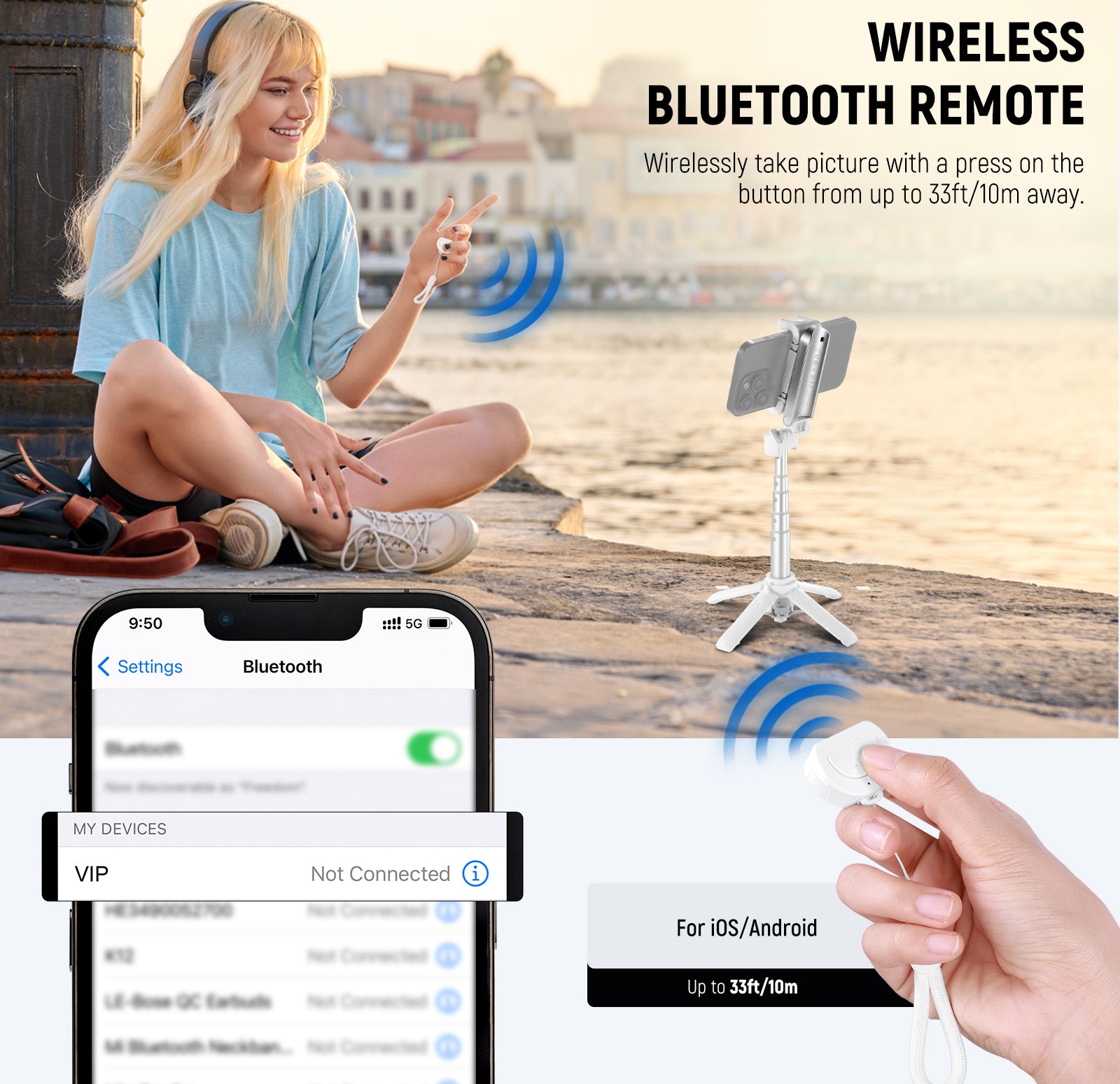 NEEWER P15 3-in-1 Handheld Selfie Stick Tripod kit includes a Bluetooth shutter release