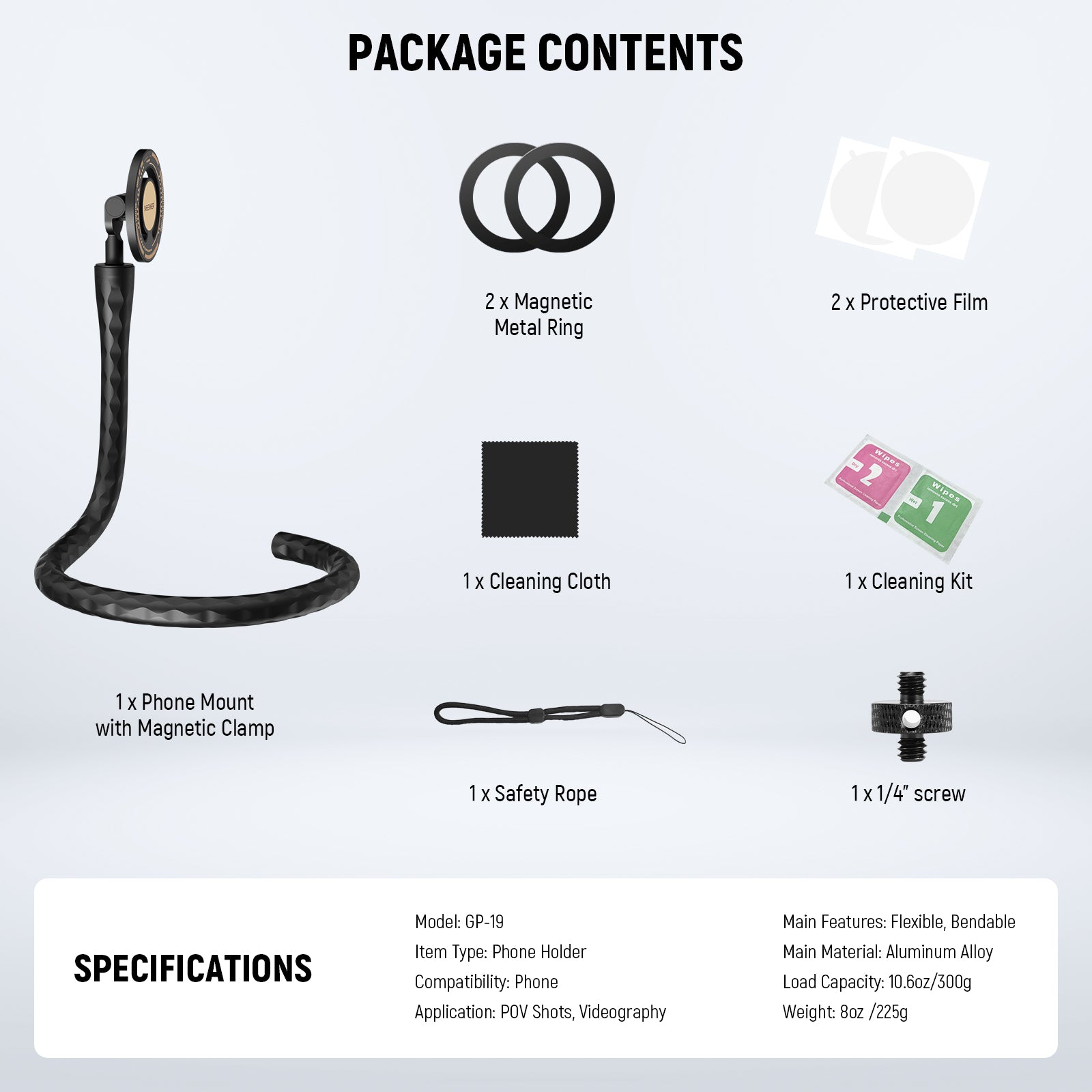 Package Contents of the NEEWER GP-19 Flexible Phone Holder