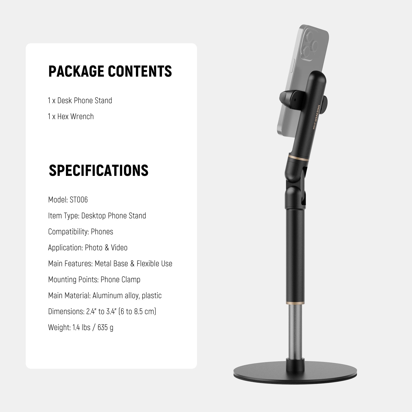 Specifications of the NEEWER ST006 Adjustable Phone Holder Stand for Desktop
