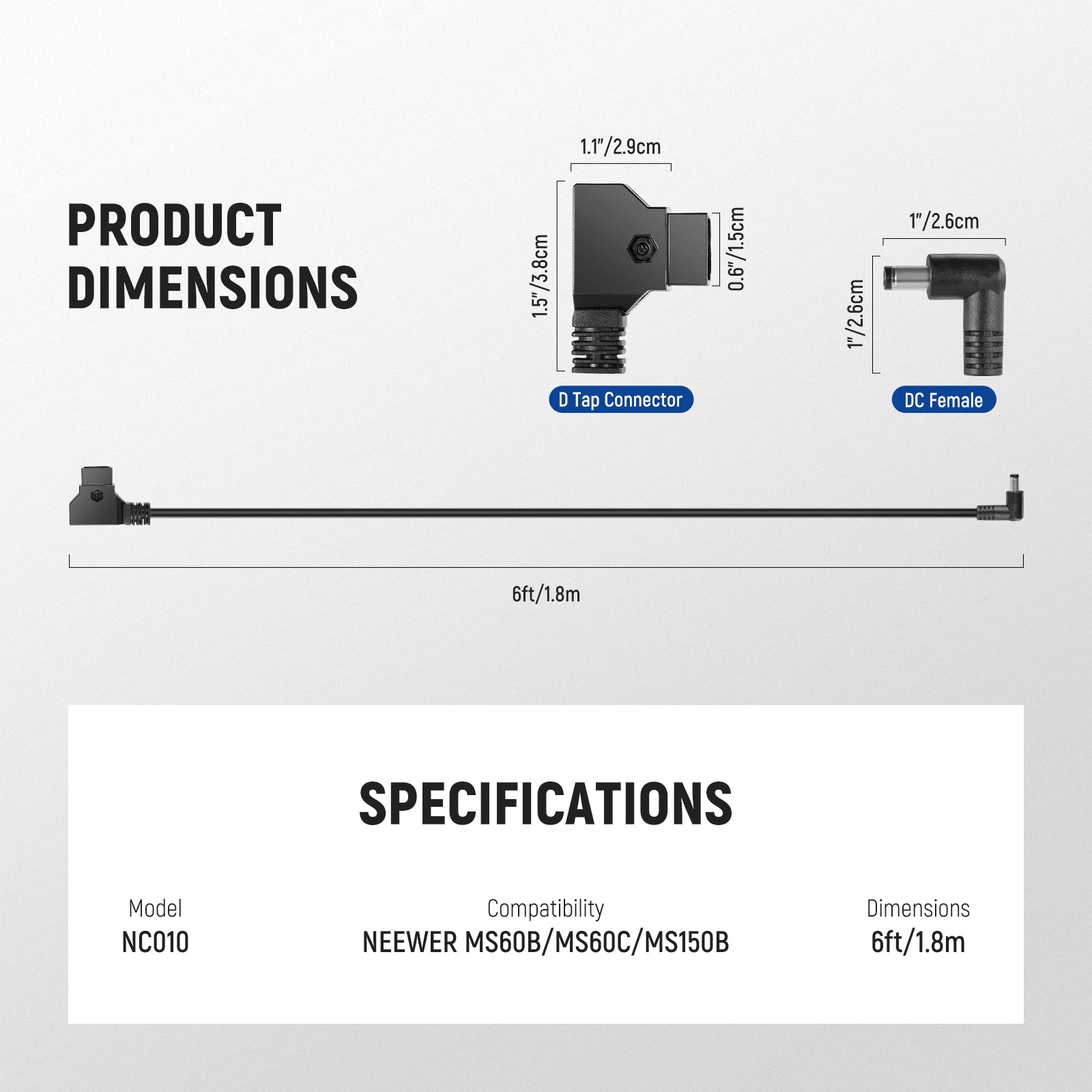 Specifications of the NEEWER NC010 D-Tap to DC Cable for MS Series Lights