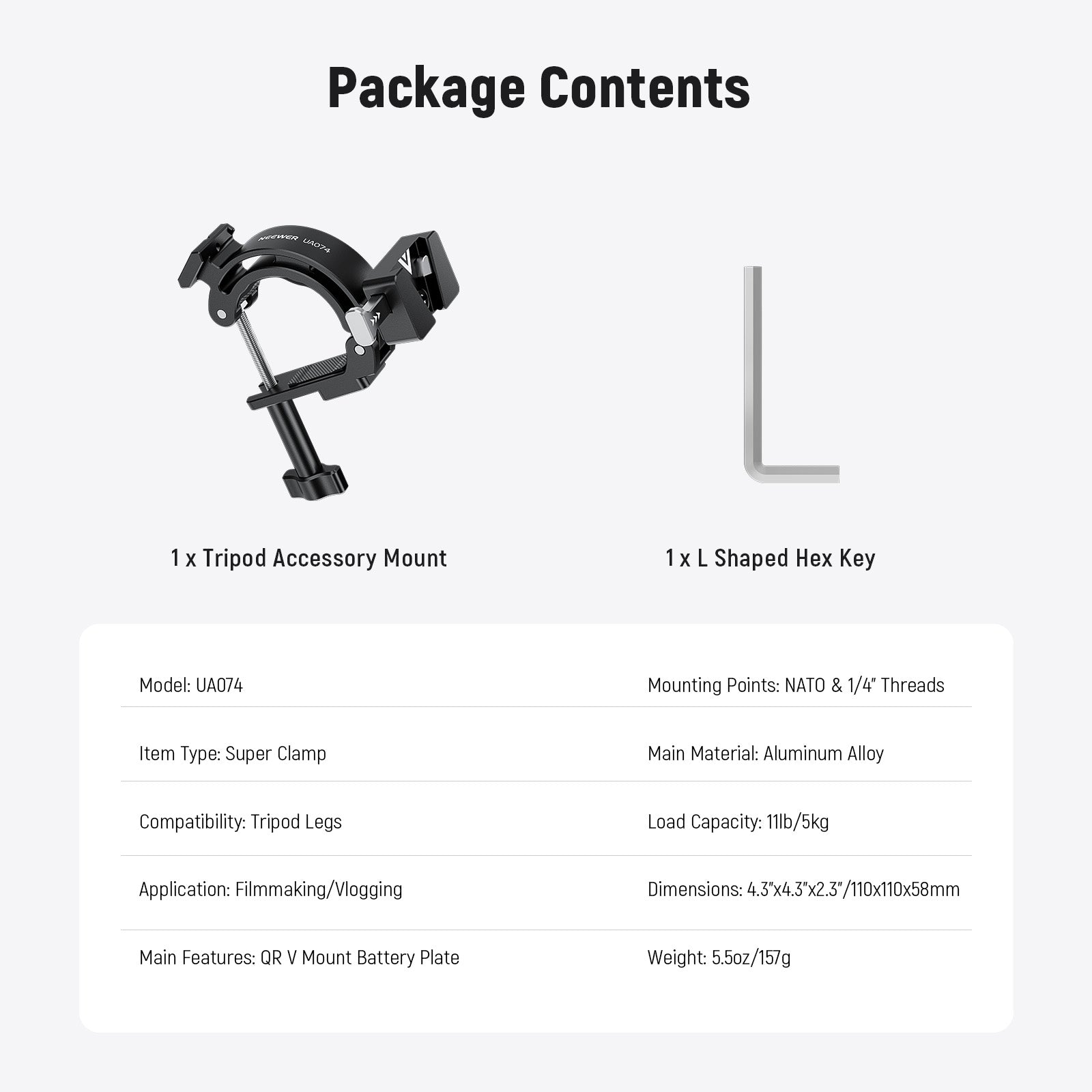 Package Contents of the NEEWER UA074 Multifunctional Tripod Accessory Mount Kit