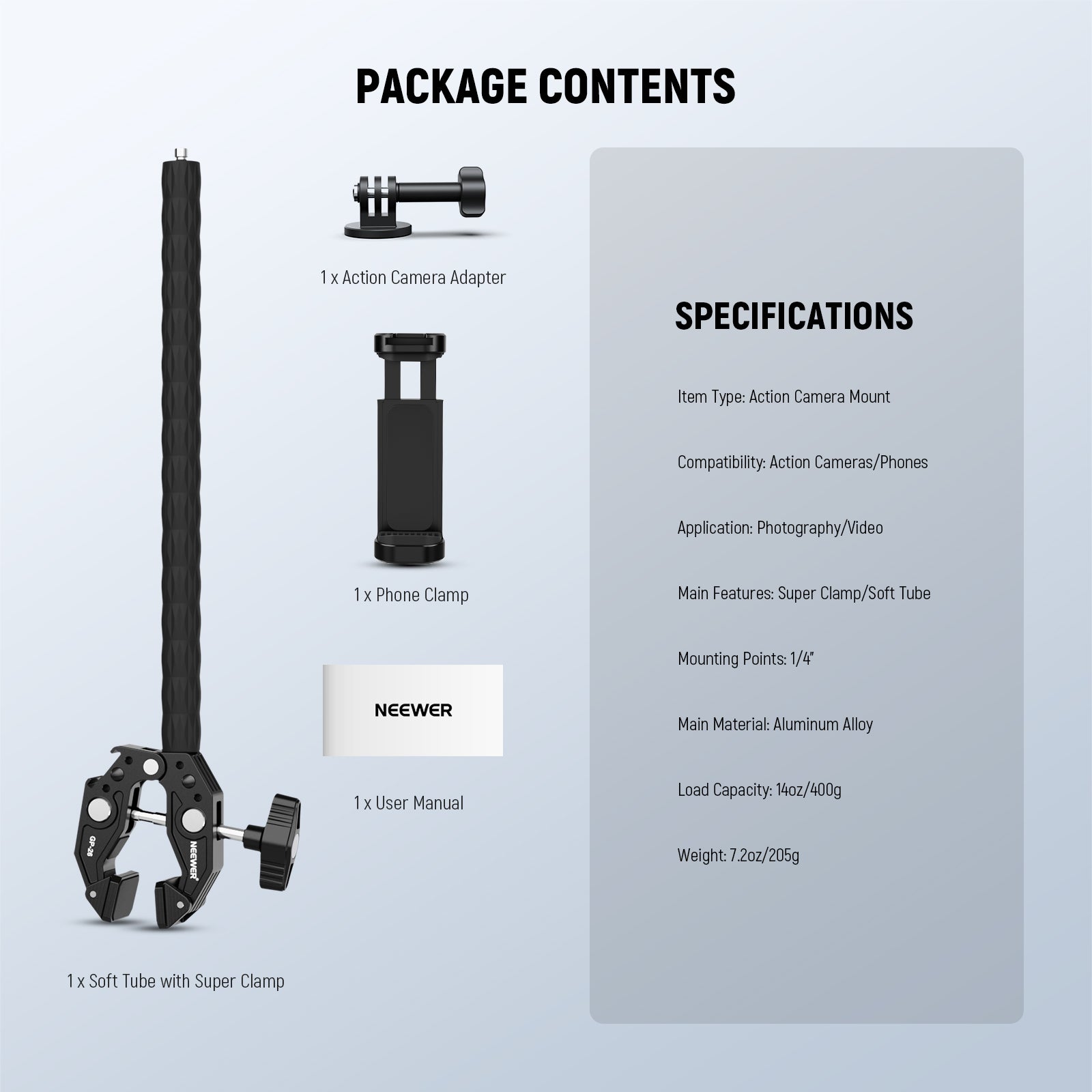 Package Contents of the NEEWER GP-26 Action Camera Mount Kit with Super Clamp