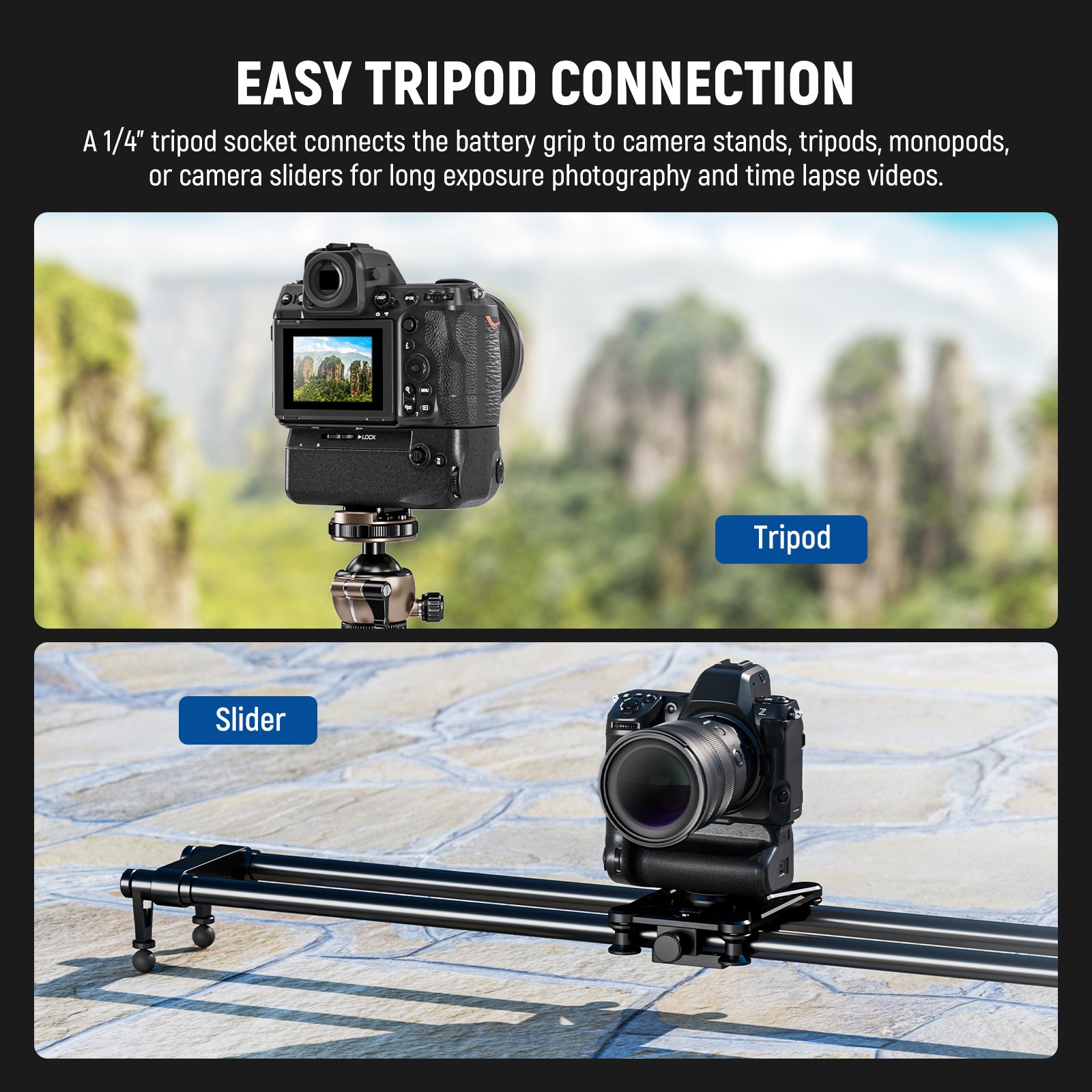 A 1/4" tripod socket connects the battery grip to camera stands