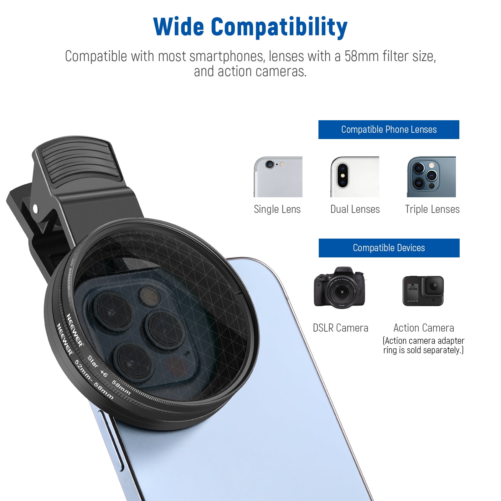 Wide Compatibility of the NEEWER 58mm Lens Filters Kit for Phone & Camera