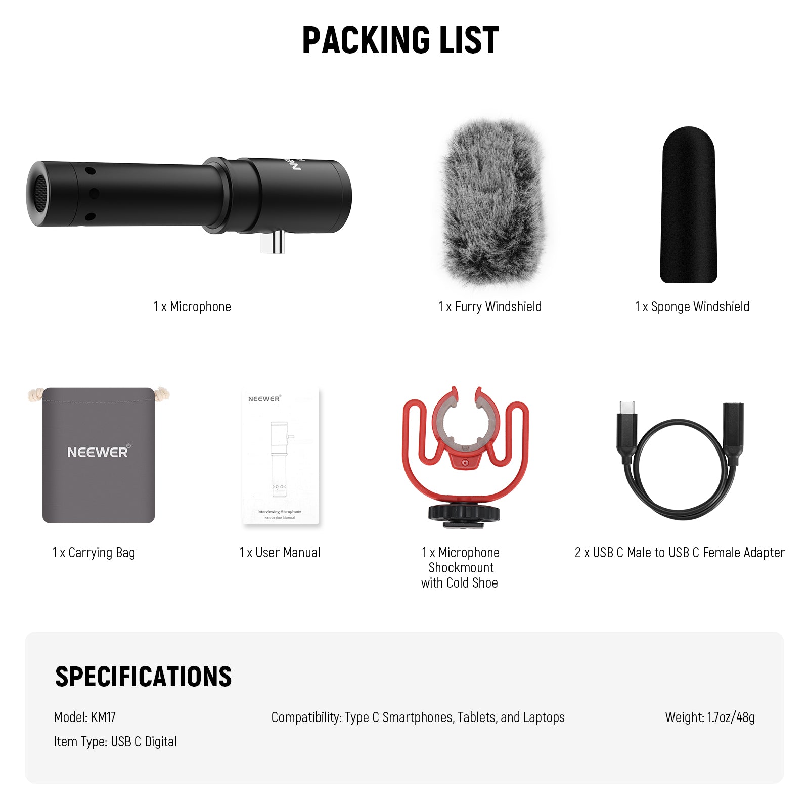 Package List of the NEEWER KM17 Plug & Play Microphone Kit