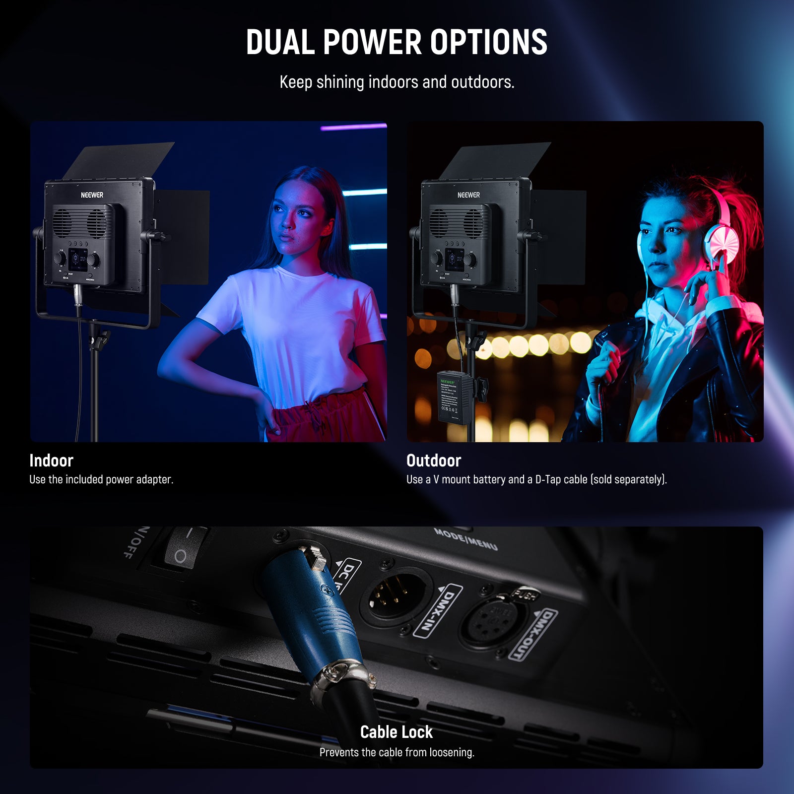 NEEWER PL60C Professional RGB Light offers dual power options.