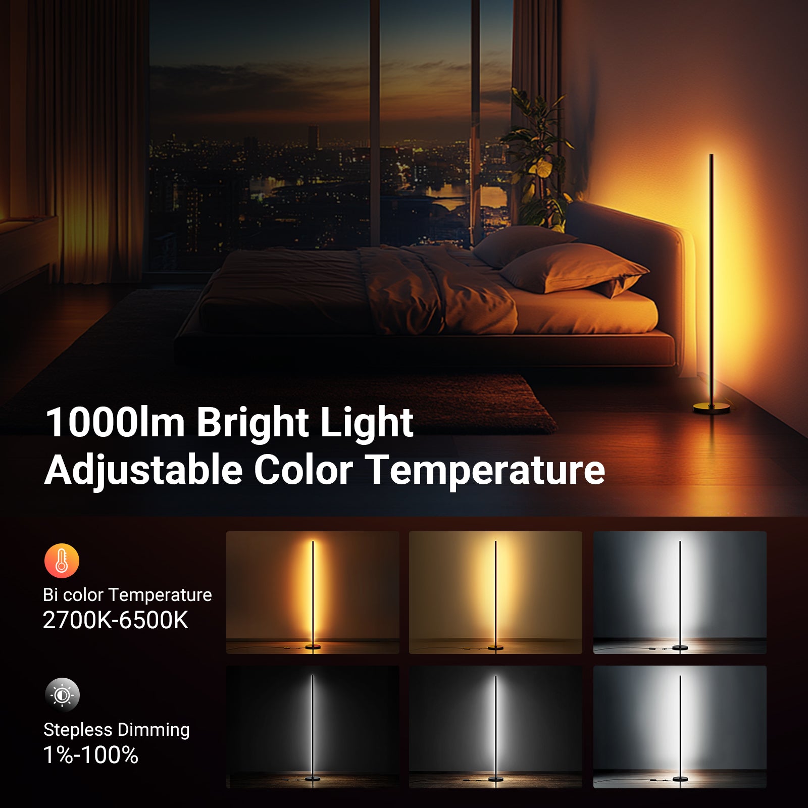 The LED RGB corner light bar floor lamp with 168 RGBW LEDs offers 1000lm and adjustable 2700K-6500K