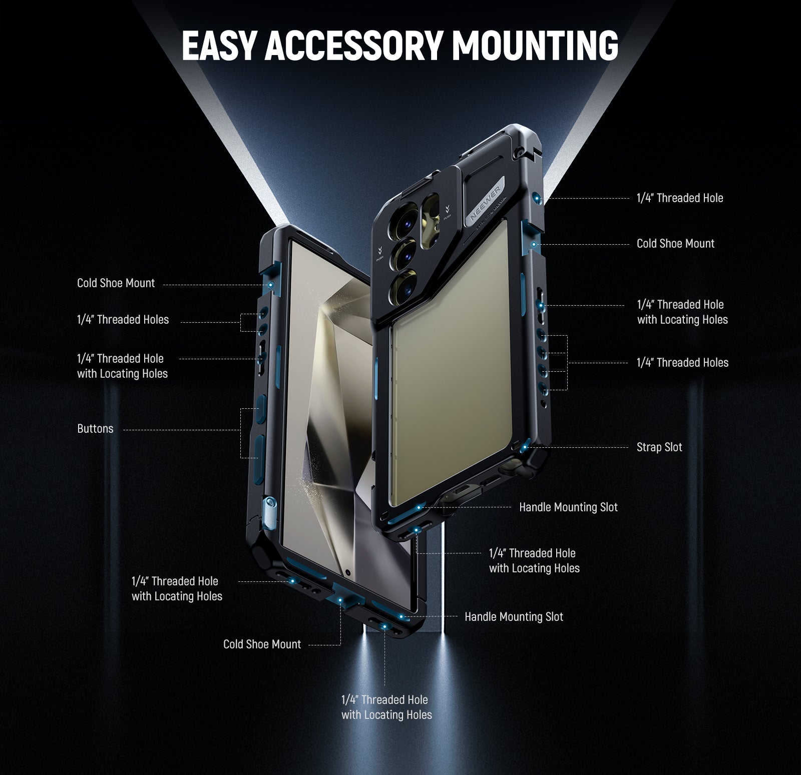 NEEWER PA042 Phone Cage For SAMSUNG S24 Ultra offers multiple accessory mounting points.