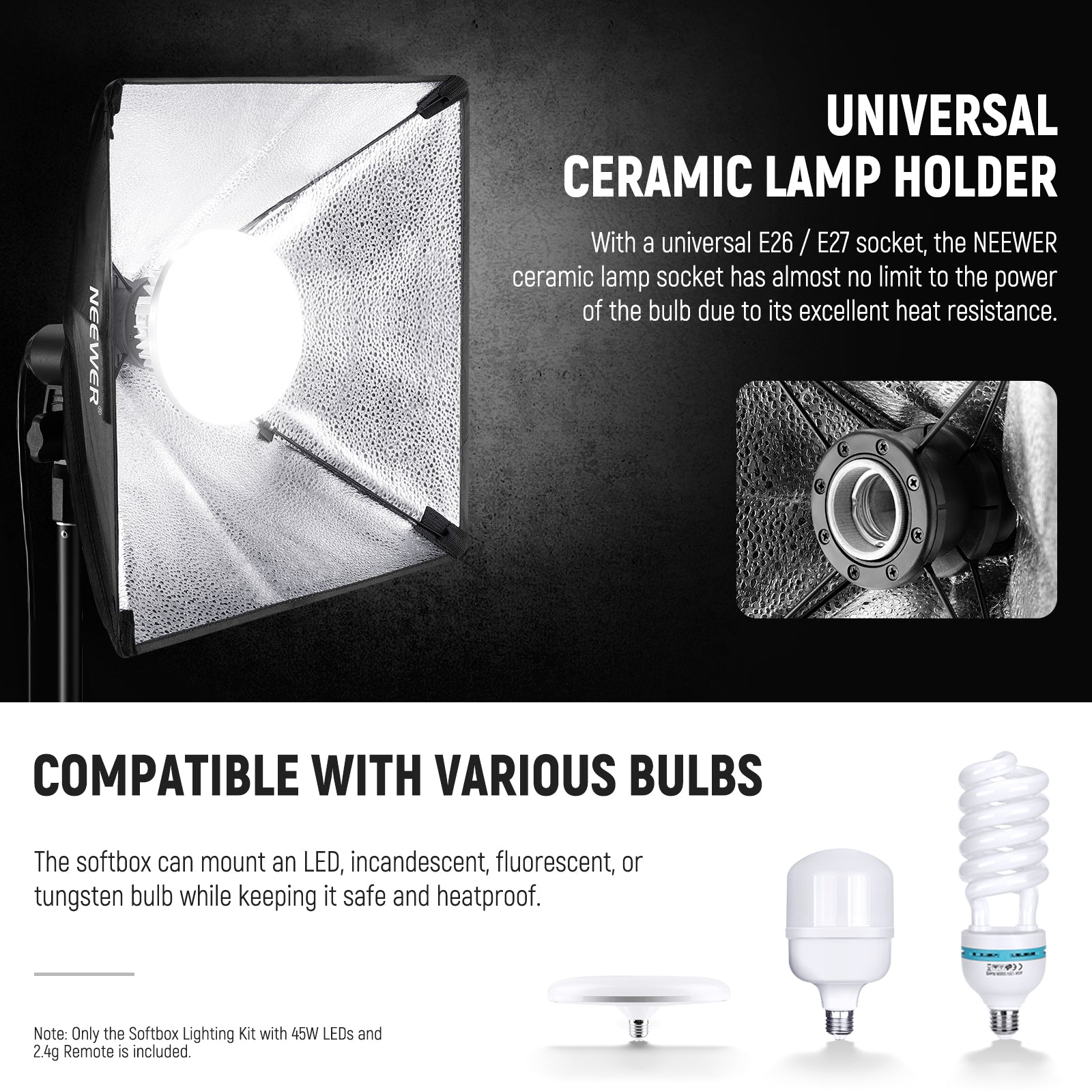 The softbox is compatible with various bulbs.