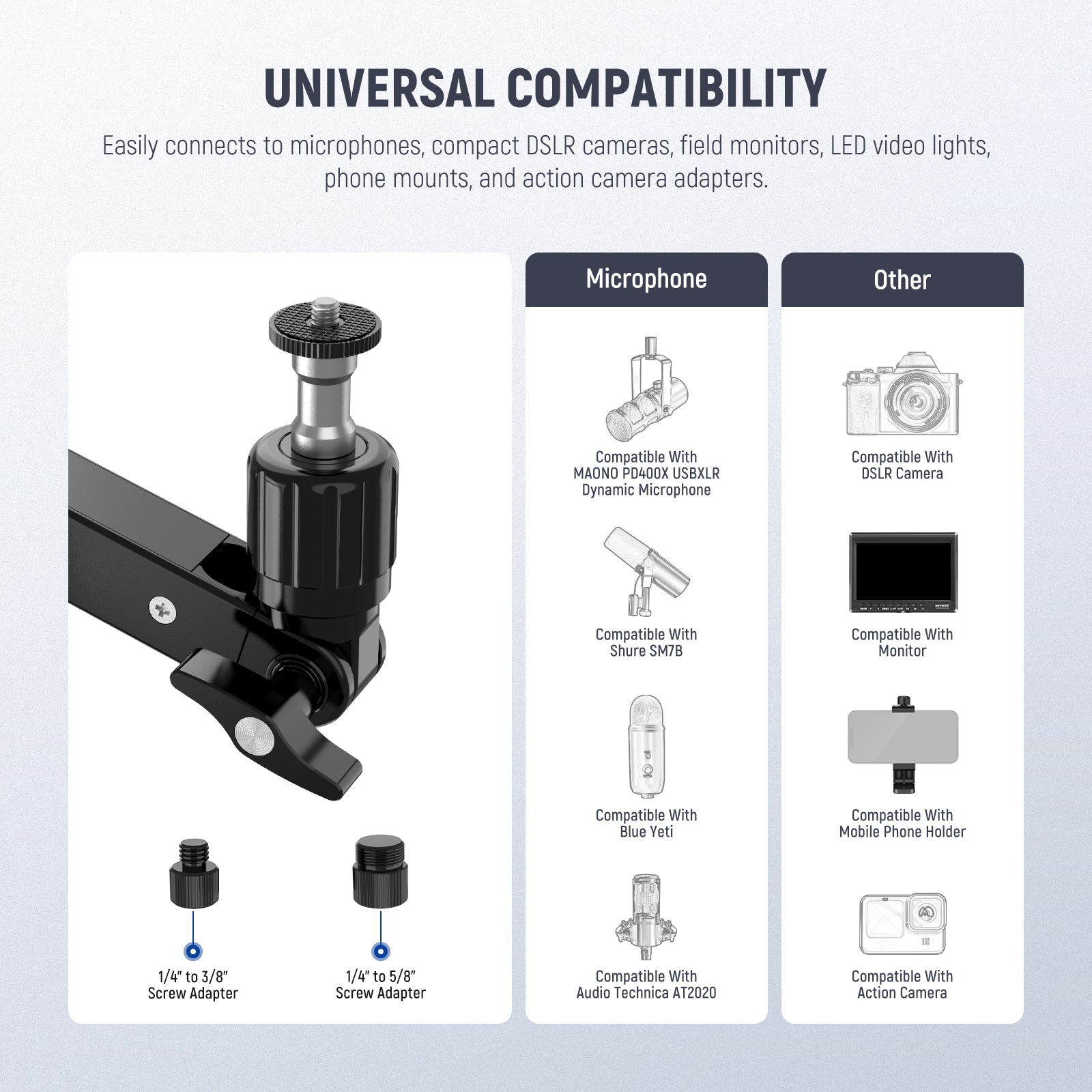 Wide Compatibility of the NEEWER MST002 Low Profile Mic Arm Desk Mount with Damping