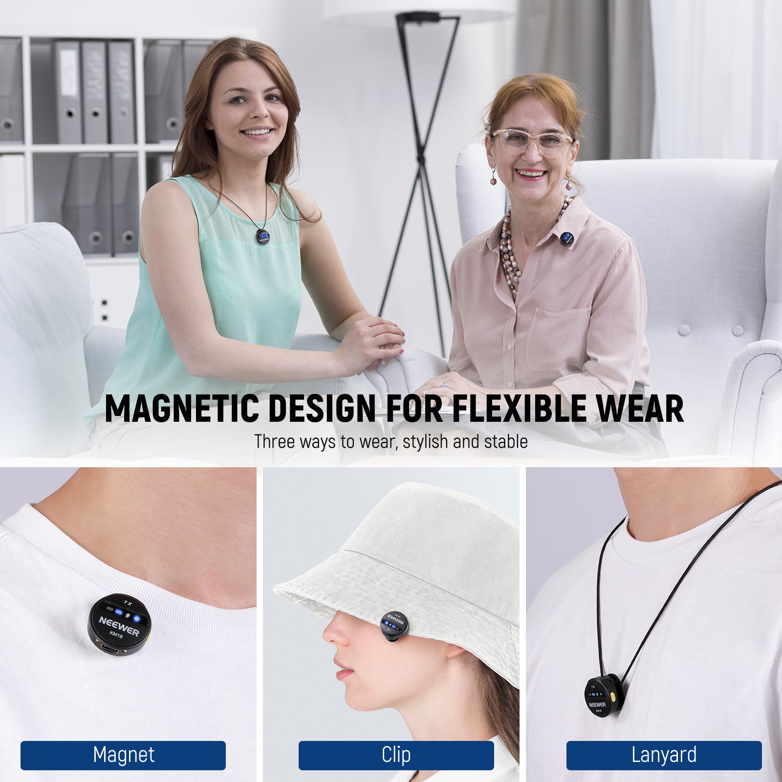 NEEWER KM18 Wireless Button Lavalier Microphone offers three ways to wear.